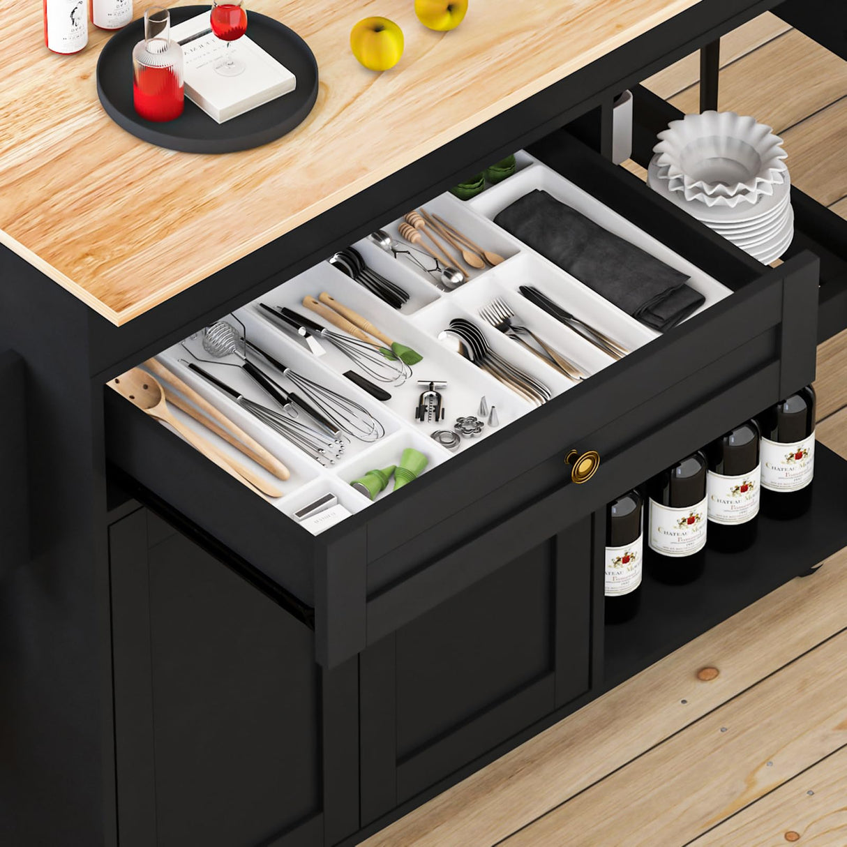 JassmiPkwy 77.8'' Rolling Kitchen Island with Extendable Dining Table for 2-4, 2 in 1 Kitchen Islands Cart on Wheels, Storage Cabinet with Drawer, 2-Tier Storage Shelf, Black JassmiPkwy