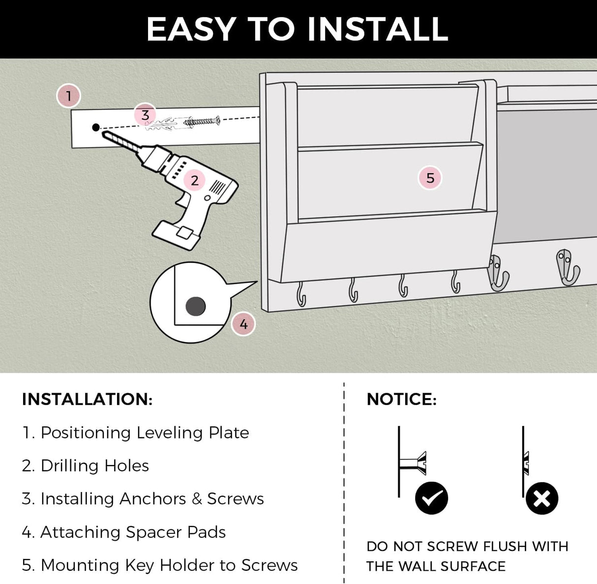 Ziivita Key Holder for Wall - Mail Holder Organizer Wall Mount with Shelf - Rustic Hanging Key Rack Hanger with Hooks Decorative for Home Letter Dog Leash Entryway Farmhouse Living Room Decor Ziivita