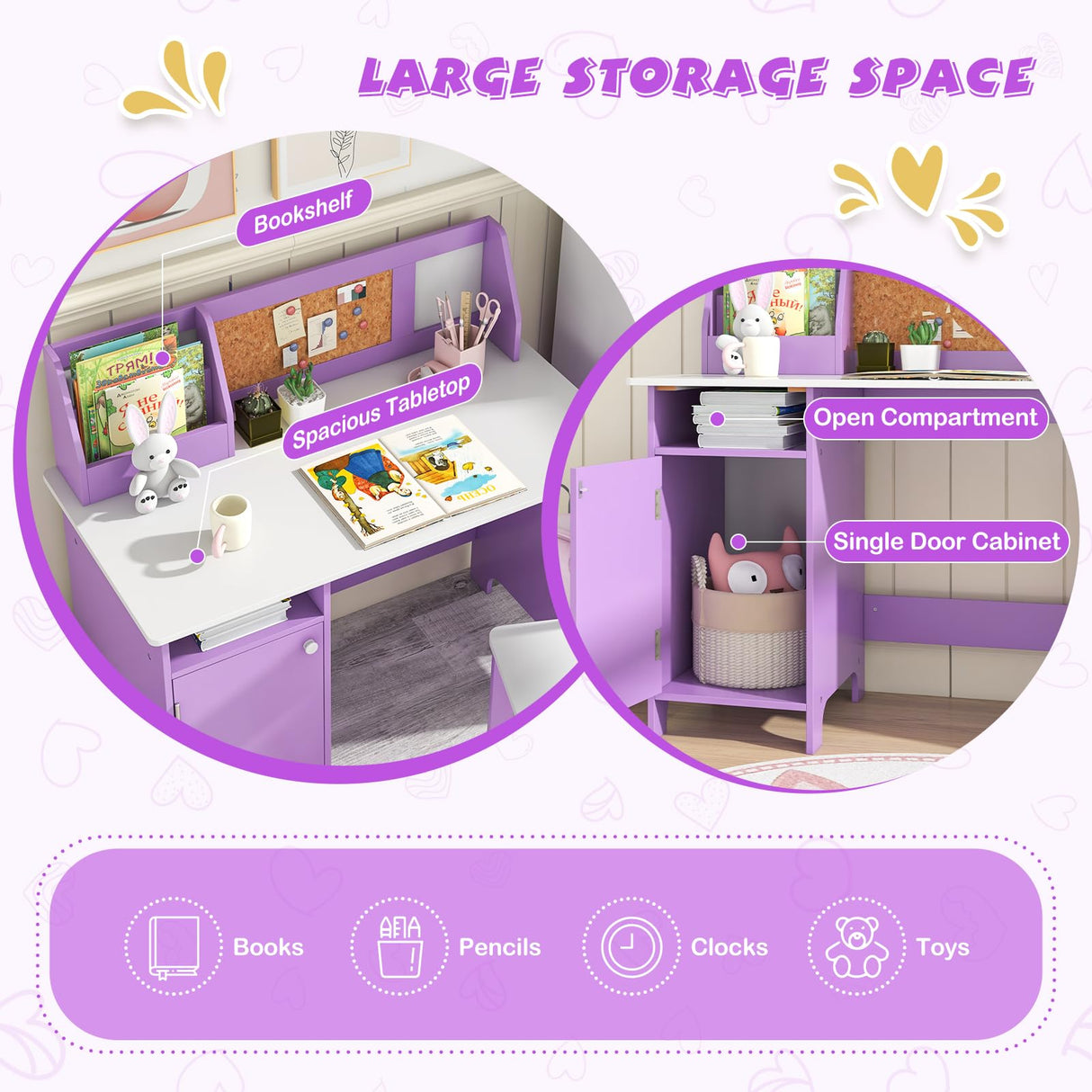 Costzon Kids Desk and Chair Set, Wooden Children Study Table with Storage, Hutch, Cork Bulletin Board, Whiteboard & Marker, Student Computer Workstation Writing Desk for Kids Bedroom, School, Purple Costzon