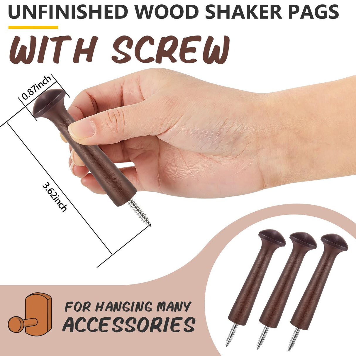 20 Pieces Wooden Shaker Peg Screw-on Pegs 2.9 Inch Long Unfinished Wood Shaker Racks for Hanging Clothes Hats Towel and More DIY Paint Color (Dark Brown) Jetec