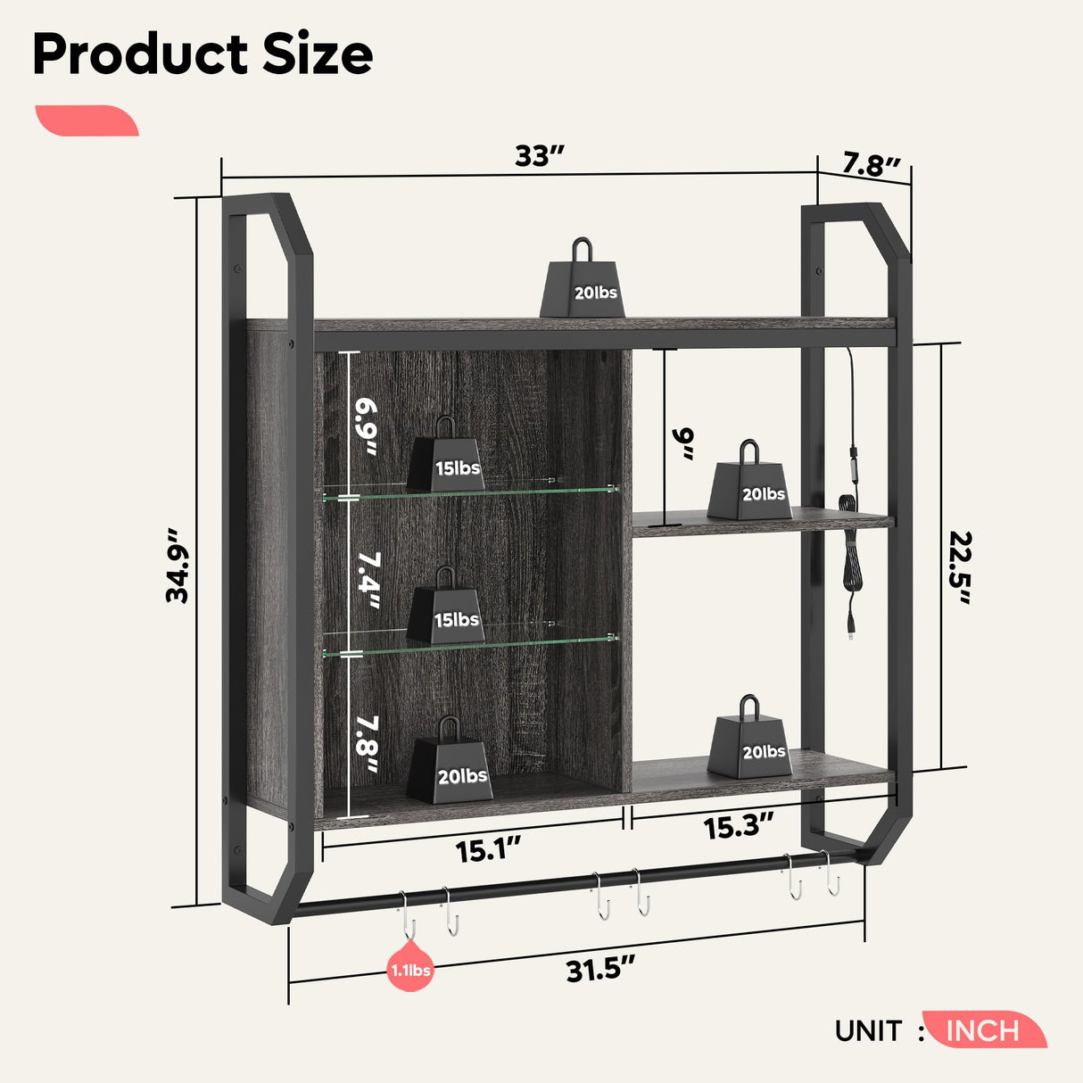 Bestier Gaming Floating Shelves, 34" LED Wall Mounted Shelf with Adjustable Glass Shelf, Pipe Shelves Hanging Display Rack Bookshelf with 6 S-Hook, Gaming Room Decor Wine Coffee Bar Black Bestier
