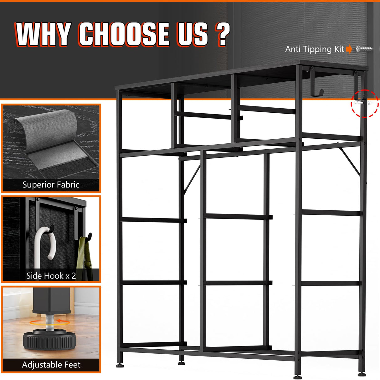 YaFiti Dresser for Bedroom with 10 Drawers, Chest of Drawers with Side Pockets, Hooks, Wooden Top and Sturdy Metal Frame, Fabric Dresser Drawers for Living Room, Hallway (Black Wood Veins) YaFiti