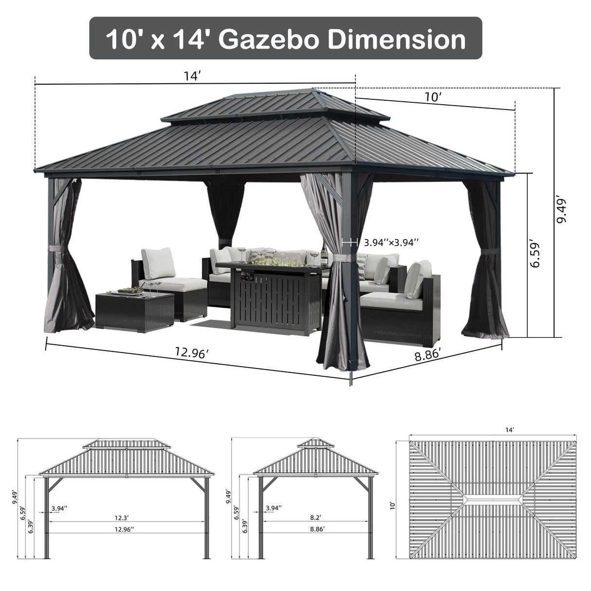 SHPAI Hardtop Gazebo 10x14FT, Aluminum Outdoor Gazebo with Galvanized Steel Double Roof Canopy, Curtains and Nettings, Metal Gazebo Permanent Pavilion for Patio Wedding, Party, Outdoor Dining, Gray SHPAI