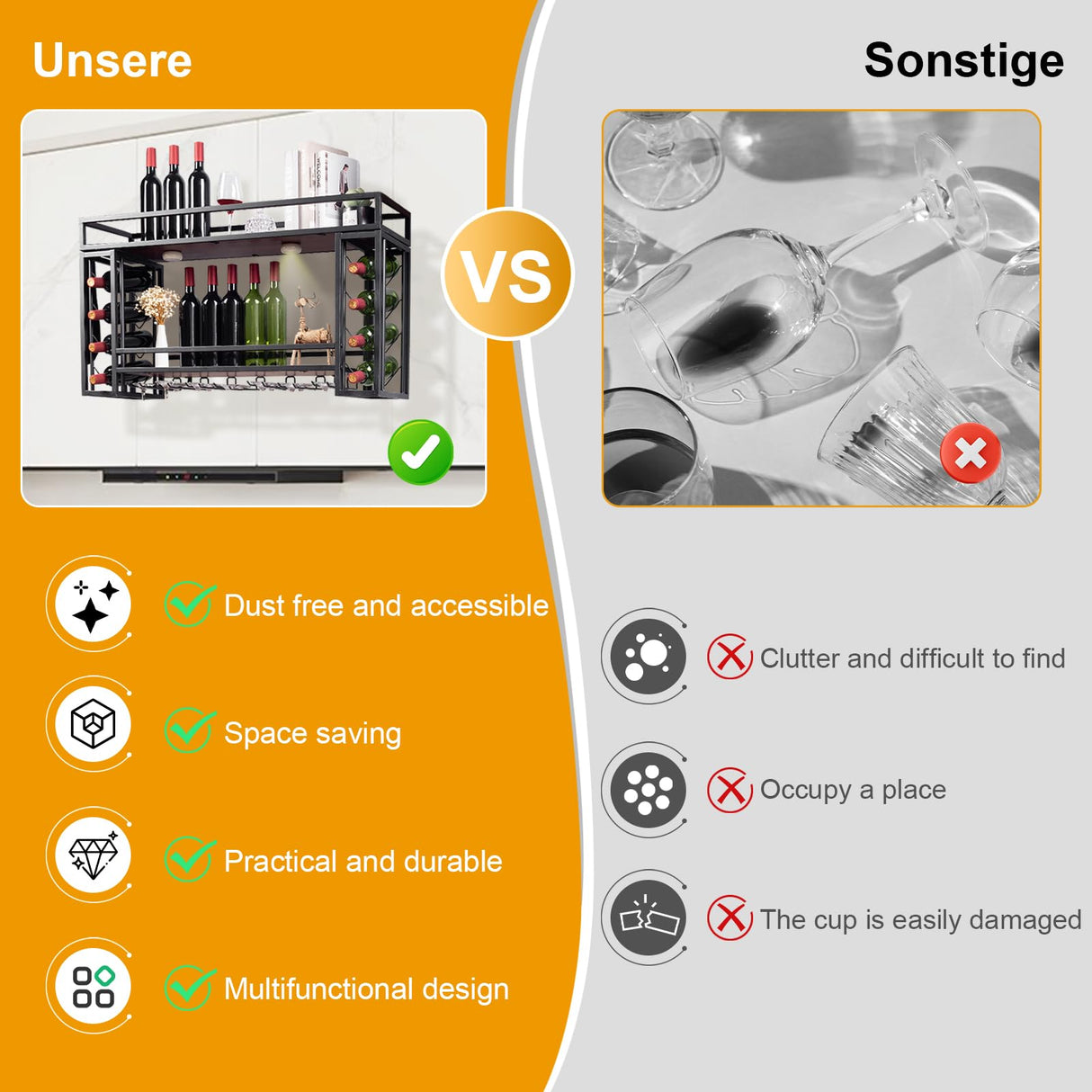 Ceiling Wine Glass Rack - Wine Rack Wall Mounted with Glass Holder, 2 Layer Industrial Hanging Wine Bottle Holder with LED, Wine Storage Display Shelf for Home Bar Dining Room Kitchen (Black, 47.2in) KEPMOGOH