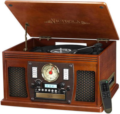 Victrola Navigator 8-in-1 Bluetooth Record Player with Built-in Speakers – 3 Speed, CD Player, Cassette, FM Radio, USB, RCA Out, Headphone Jack, Wireless Music Streaming, Real Wood, Mahogany