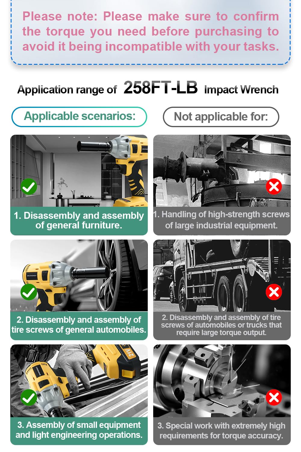 SKOVENSY Cordless Impact Wrench 258Ft-lb(350N.m), 1/2 Impact Gun, 2 Batteries, Pistola de Impacto, with 5 Sockets, Electric Impact Driver for Car Tires and Home YELLOW SKOVENSY