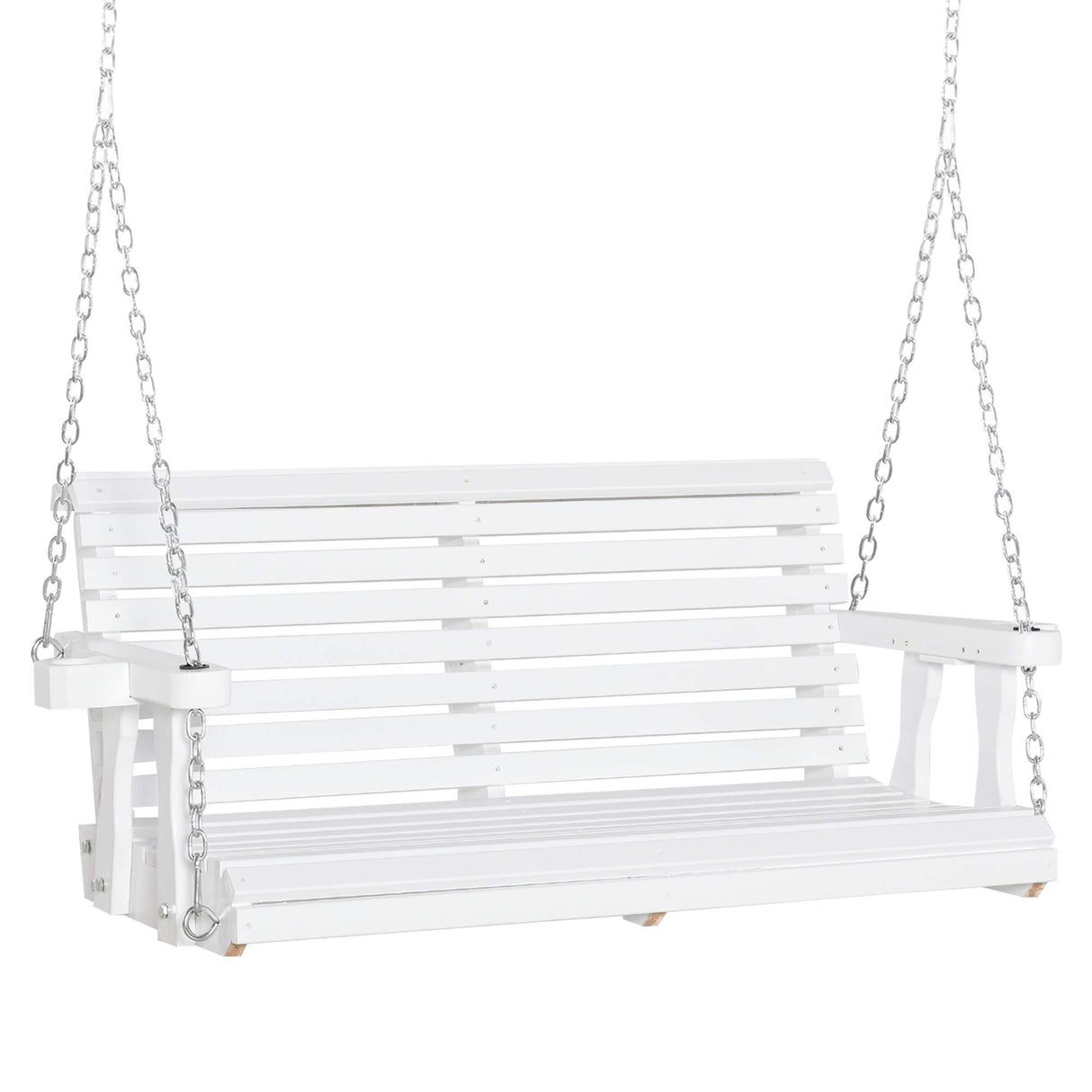 Outsunny Porch Swing with Chains and Cupholders, 2 Person Wooden Patio Swing Chair, 440 lbs. Weight Capacity, for Garden, Poolside, Backyard, White Outsunny