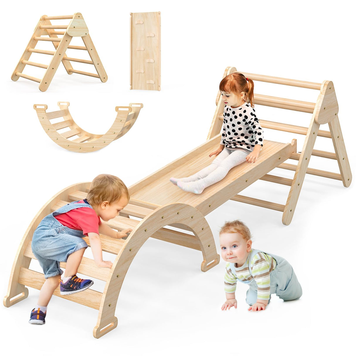 Pikler Triangle Set for Baby Climbing Toys 7 in 1 Foldable Wooden Montessori Climbing Set Indoor Playground for Kid with Arch-Ramp-Ladder Indoor Jungle Gyms for 1-3 Toddlers Fostoy