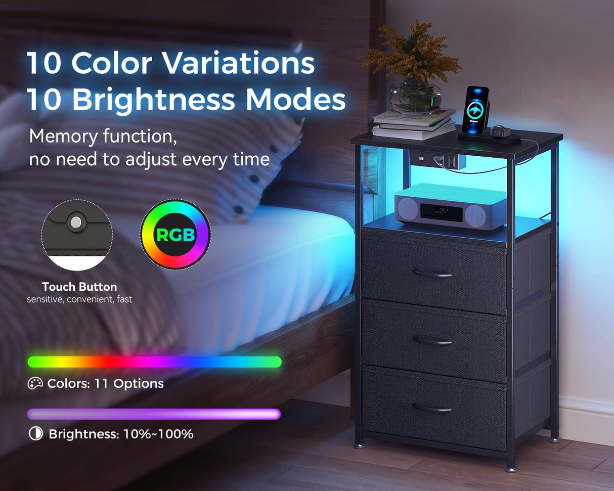 Casaottima BlackNight Stand with Light Strip andCharging Station — USB Ports & Power Outlets, Small Nightstand with 3 Fabric Drawers and Open Shelf, Bedside Table for Bedroom Casaottima