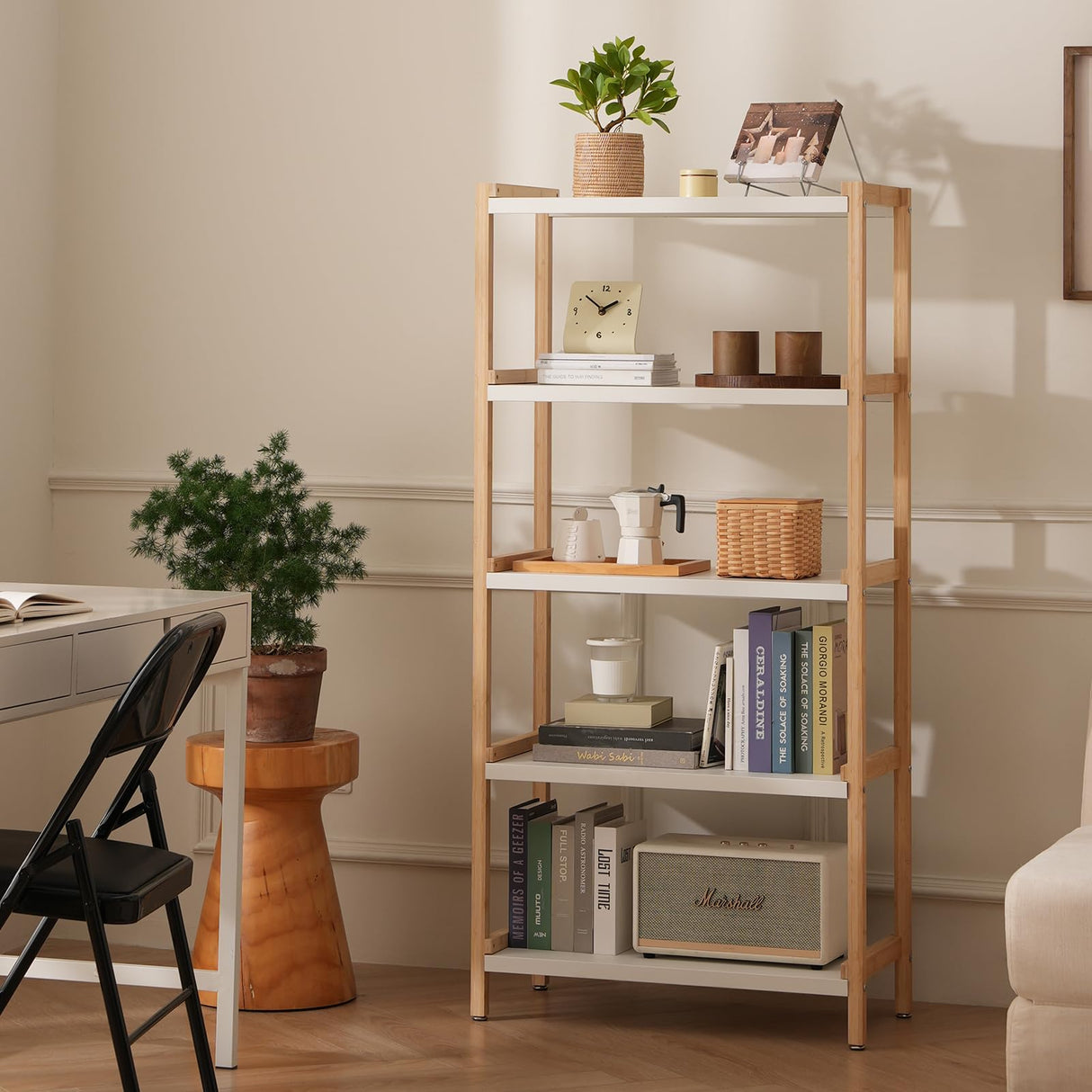 Baveke 5-Tier Bamboo Shelf Bookcase Modern Open Bookshelf Free Standing Storage Rack Display Shelf Display Bamboo Bookshelf Standing Shelf Open Shelving Unit Baveke