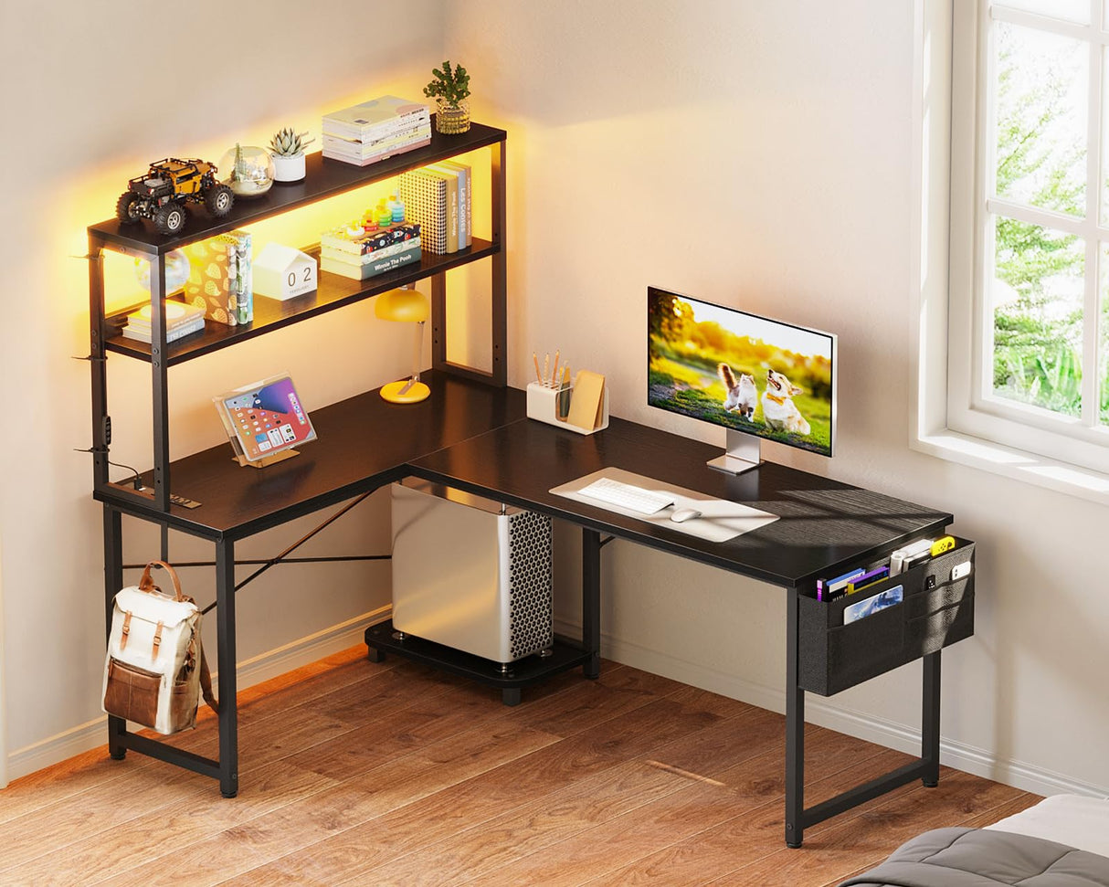 ODK 53 Inch L Shaped Desk with LED Lighting, Reversible Gaming Desk with Power Outlets, Cornor Computer Table with Storage Shelves & Bag & Iron Hook, Home Office Table for Writing, Study, Black ODK