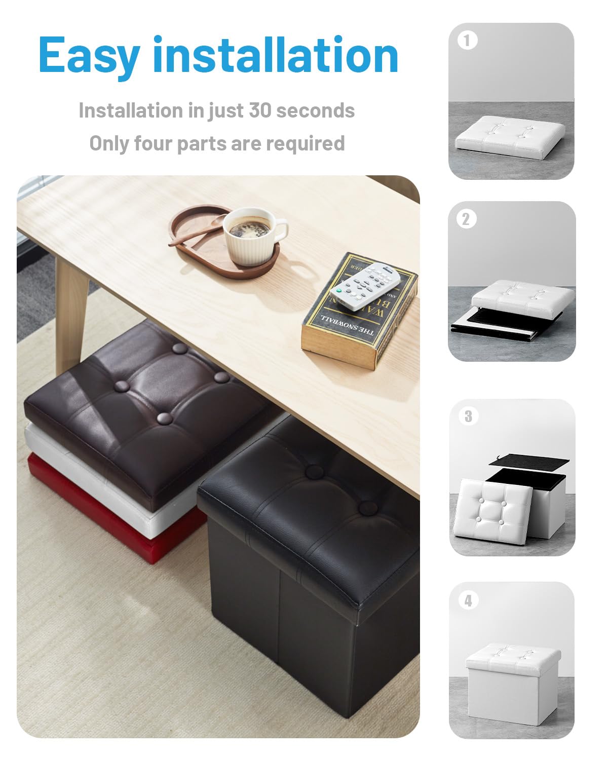 AmasSmile Storage Ottoman Foot Rest Stool, 17 inch Folding Leather Footstool Bench, Short White Ottoman Stool, Storage Foot Rest Store, Books AmasSmile