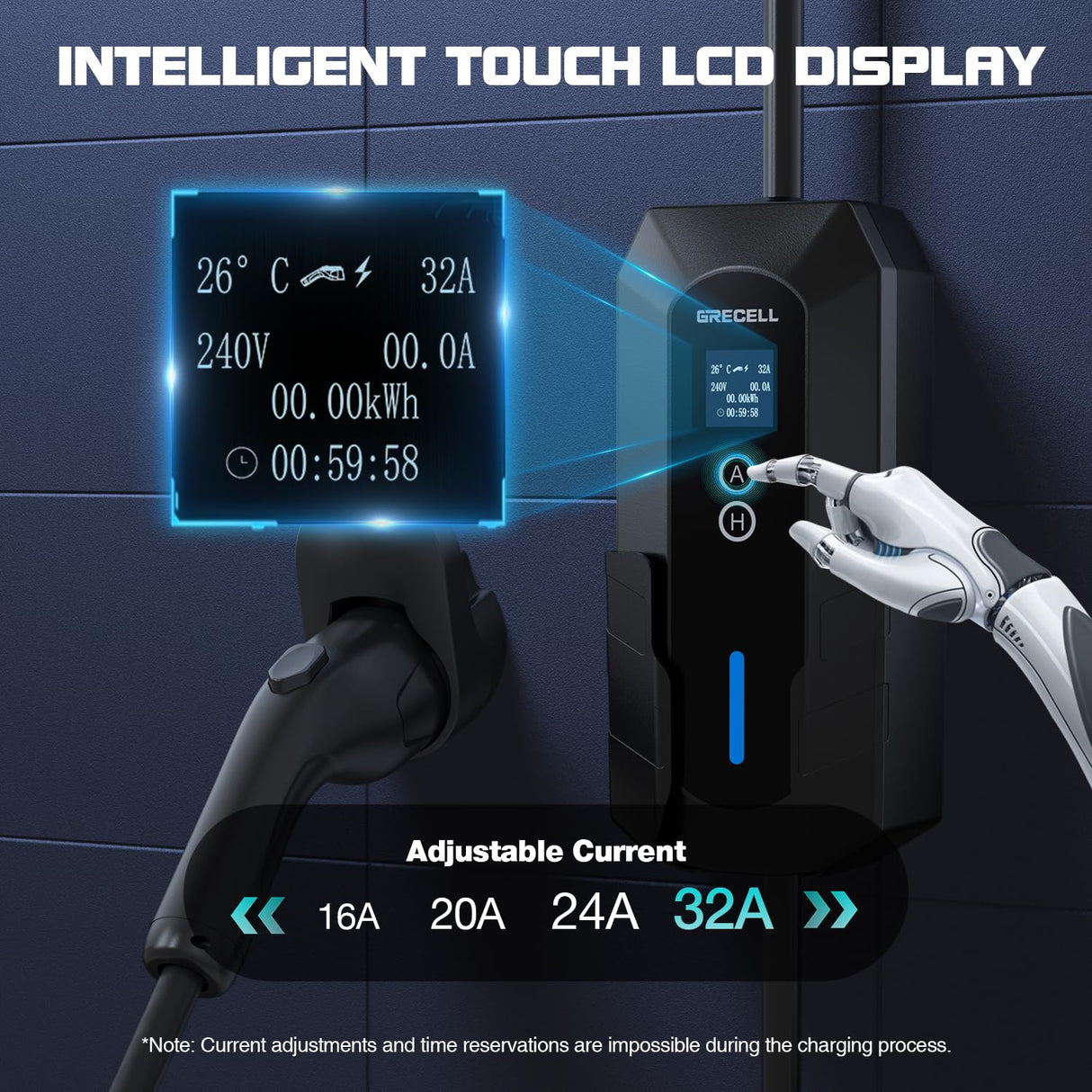 Portable EV Charger Level 2, ETL Certified 32A 240V NEMA 14-50 Electric Vehicle Charger, 7.4KW Level 2 Car Charger for J1772 with 25FT Adjustable Current and Reserve Charging Time for Home & Travel GRECELL