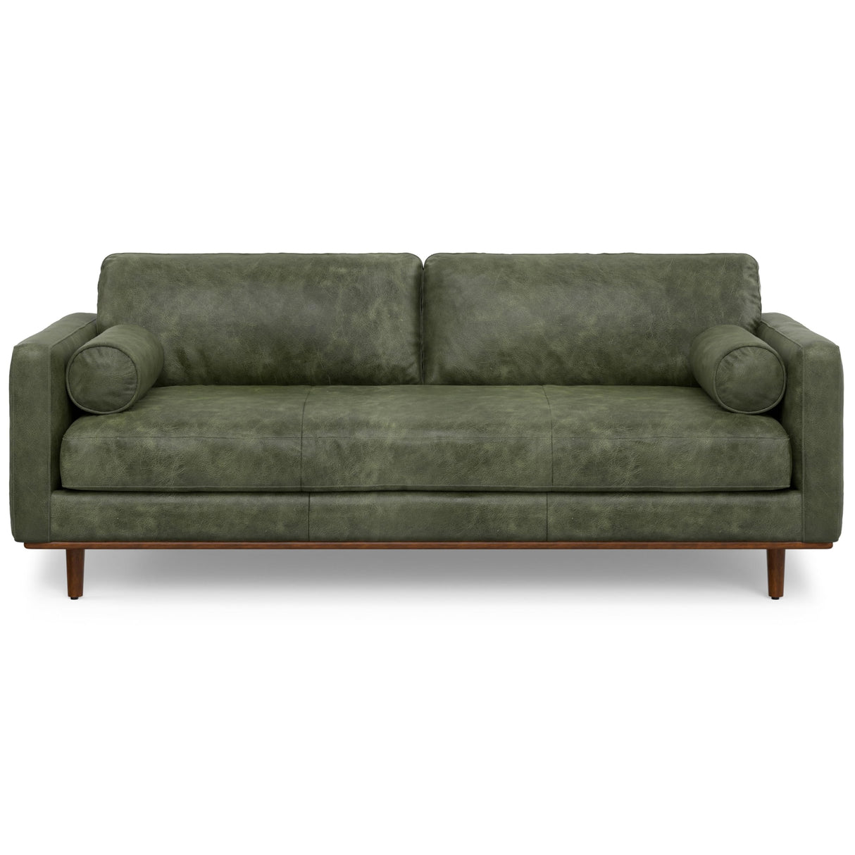 SIMPLIHOME Morrison 89-inch Wide Sofa in Moss Green Genuine Leather, Mid-Century Modern Design Couch for Living Room, Single Bench Cushion, 2 Back Cushions, 2 Bolster Pillows SIMPLIHOME