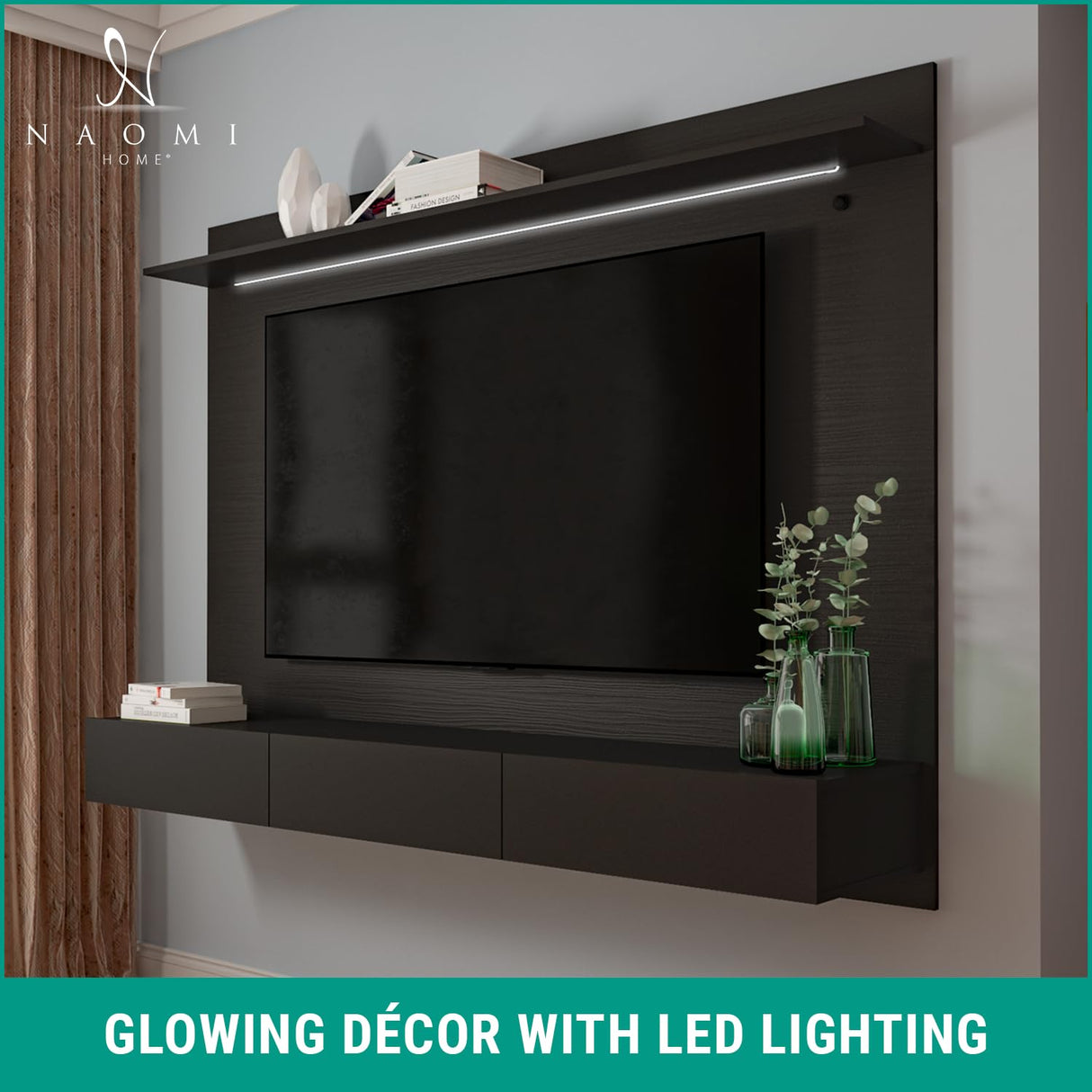 Naomi Home Bliss Modern Freestanding Wall Mounted Entertainment Center Floating TV Wall Panel for 70 inch TVs, Home Theater with LED Strip, Pull-Out Drawers and Overhead Shelf – Black, Solid Pine Wood Naomi Home