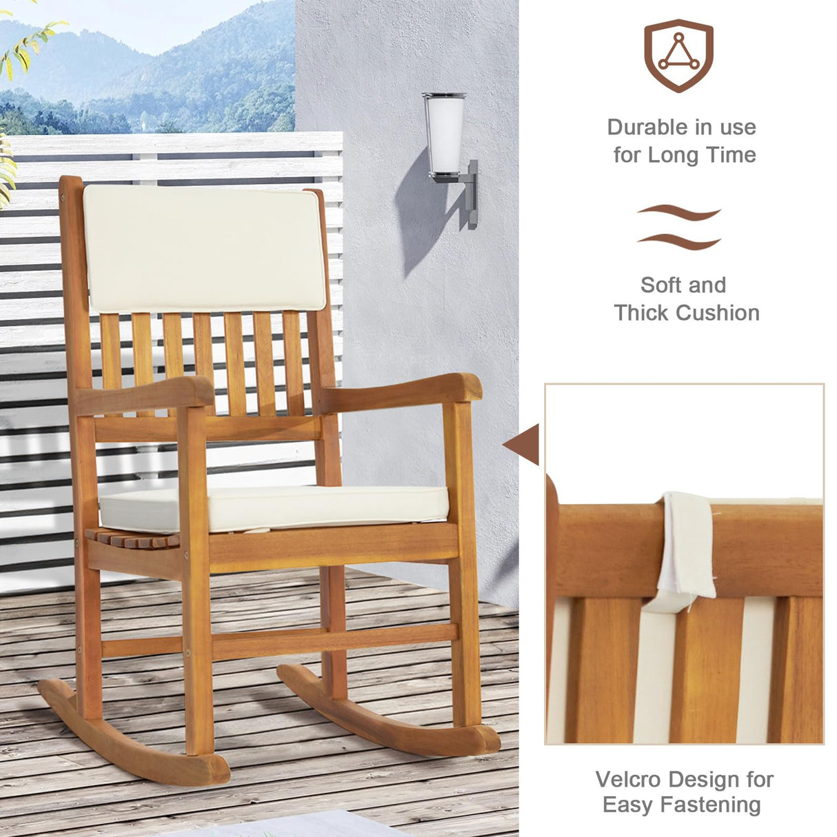 VINGLI Acacia Outdoor Rocking Chair with Cushions, Wooden Rocker Support 550 LBS for Indoors & Outdoors, 1 Pack VINGLI