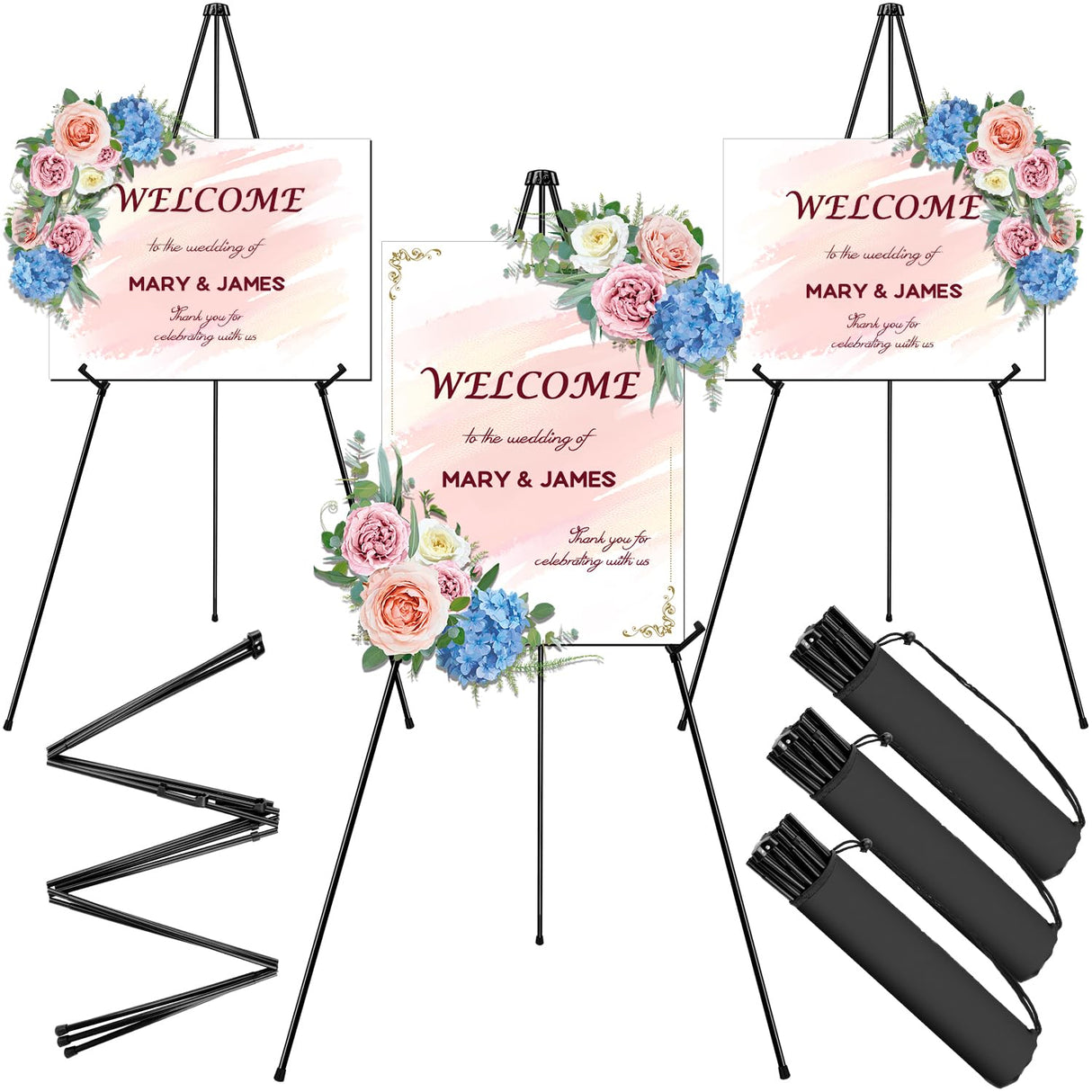 AROIC 63" Easel Stand for Display, 3 Pack Portable Foldable Metal Easel, Easels for Signs Wedding Logos,Arts, Painting,Adjustable Floor Easels with 3 Storage Bag AROIC