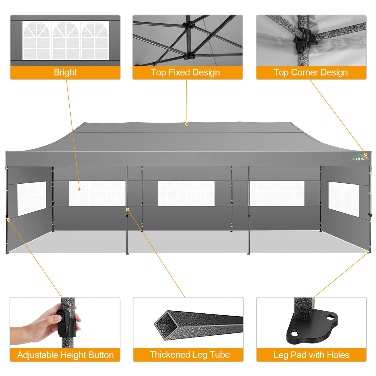 COBIZI 10x30 Pop up Canopy Tent 10x30 Canopy with 8 Sidewalls Waterproof Heavy Duty Commercial Canopy Tent for Parties Outdoor Tent Garden Gazebo Tent, Carry Bag with Wheel(10x30ft, Gray) COBIZI