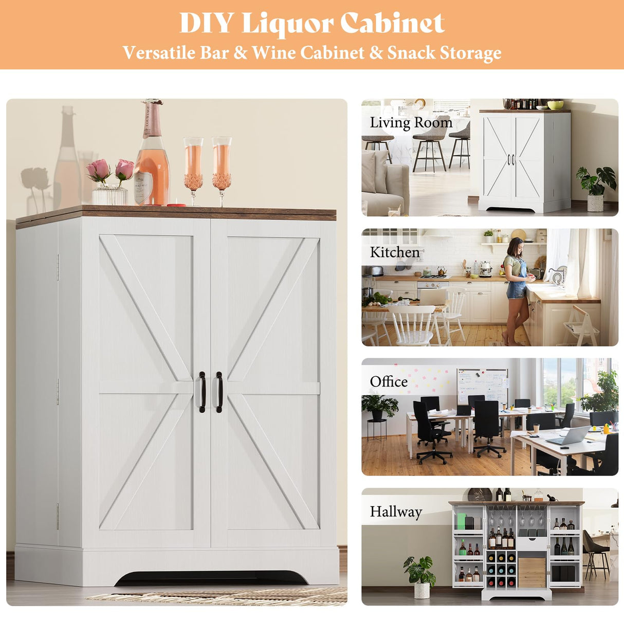 AMERLIFE 61" Farmhouse Bar Cabinet with 9 Wine Racks, Folding Storage Wine Liquor Cabinet, Expandable Coffee Bar Station with Drawer, Mini Bar, Home Bar for Kitchen Dining Room, Rustic White AMERLIFE