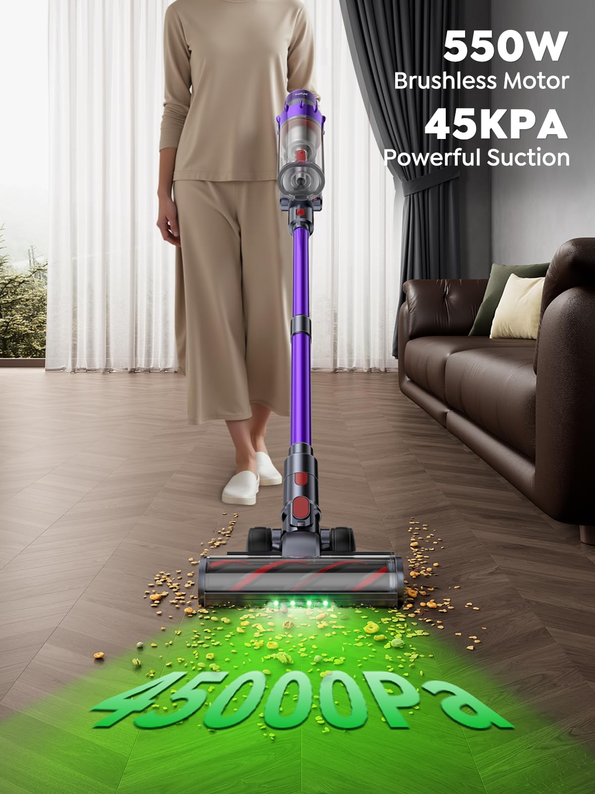 Cordless Vacuum Cleaner, 550W 45KPA 60 Mins Runtime Vacuum Cleaners for Home, Stick Vacuum with Self-Standing, Wall Mount Charging and Intelligent Auto Mode, Handheld Vacuum for Pet Hair/Carpet/Floor SMOTURE