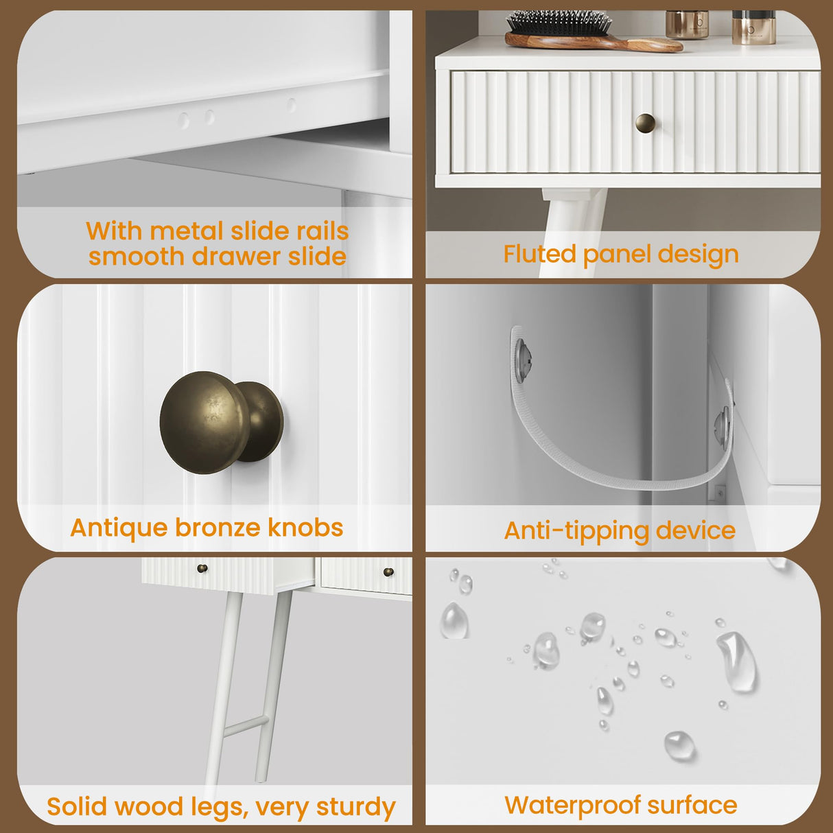 Fluted Makeup Vanity Desk with 36" Large Mirror and 3 Modes Adjustable Lights, 48" Big Modern Vanity Mirror with Lights and Charging Station, Vanity Table with Drawers and Solid Wood Legs for Bedroom HEYNEMO