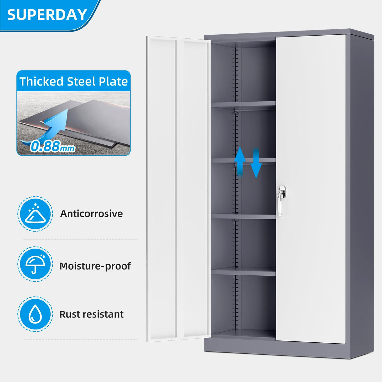 Superday Metal Storage Cabinets, 72" Storage Cabinet with Locking Door, Tall Garage Cabinet with 2 Doors and 4 Adjustable Shelves for Home Office, Classroom, Easy Assemble(White Grey) Superday