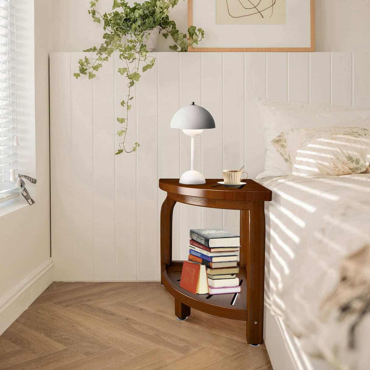 Bamboo Corner Shower Stool for Shaving Legs Foot Rest, Waterproof Bath Bench Seat with Storage Shelf for Bathroom Inside Shower, Hold Up to 450Lbs(Walnut) KingPavonini