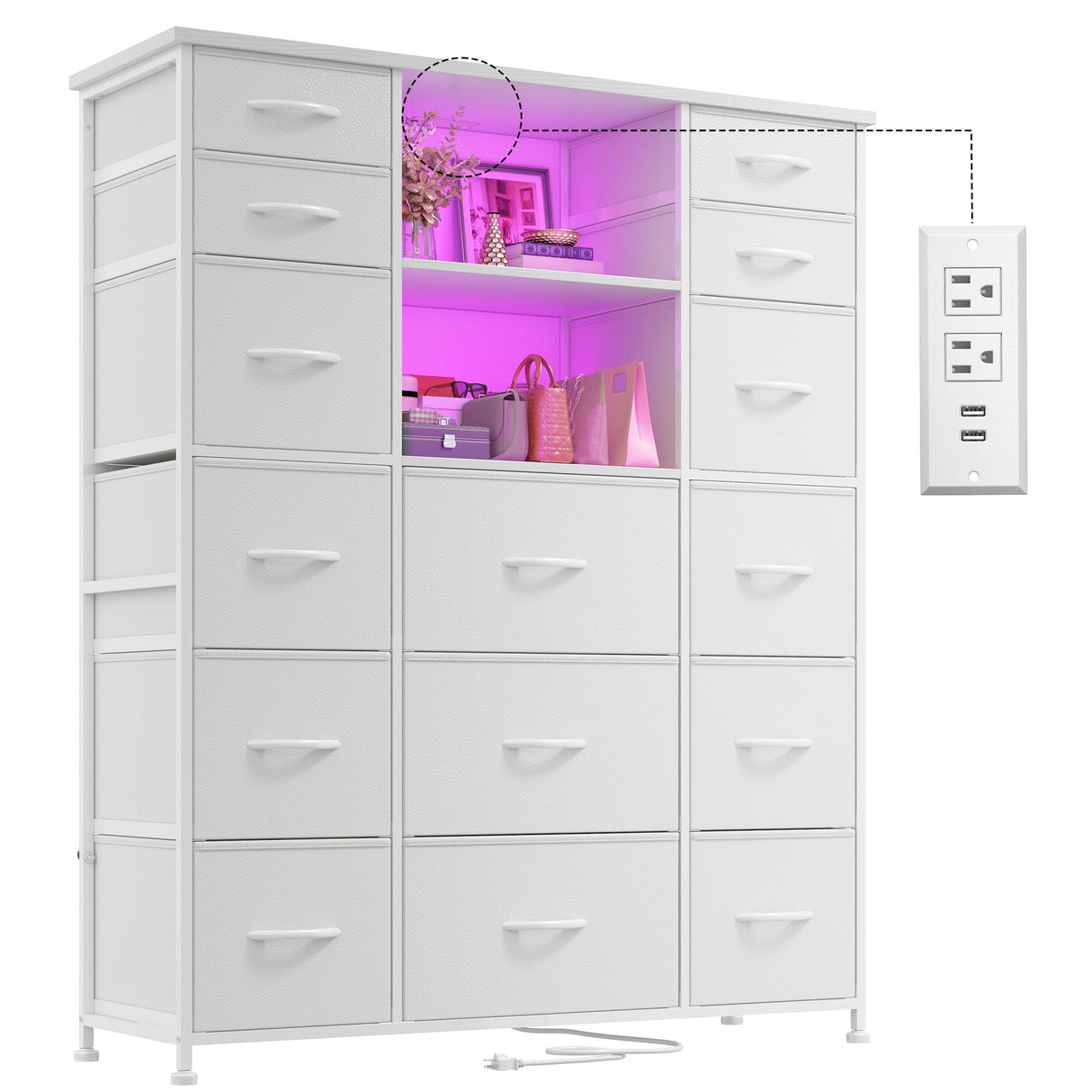 EnHomee 51" H White Dresser with 15 Drawers Dresser for Bedroom with Charging Station & LED Lights & Hutch Sturdy Bedroom Dressers, Steel Frame, Wood Top, 51.2" H x 39.3" W x 11.8" D EnHomee