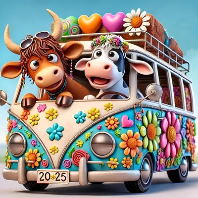 uuxsretaio Cow Diamond Painting Kits for Adults, Bus Diamond Art Kits for Adults Beginner, Adult Diamond Art, DIY Easy Full Drill Diamond Dots Paintings for Home Wall Decor 14X14 Inch