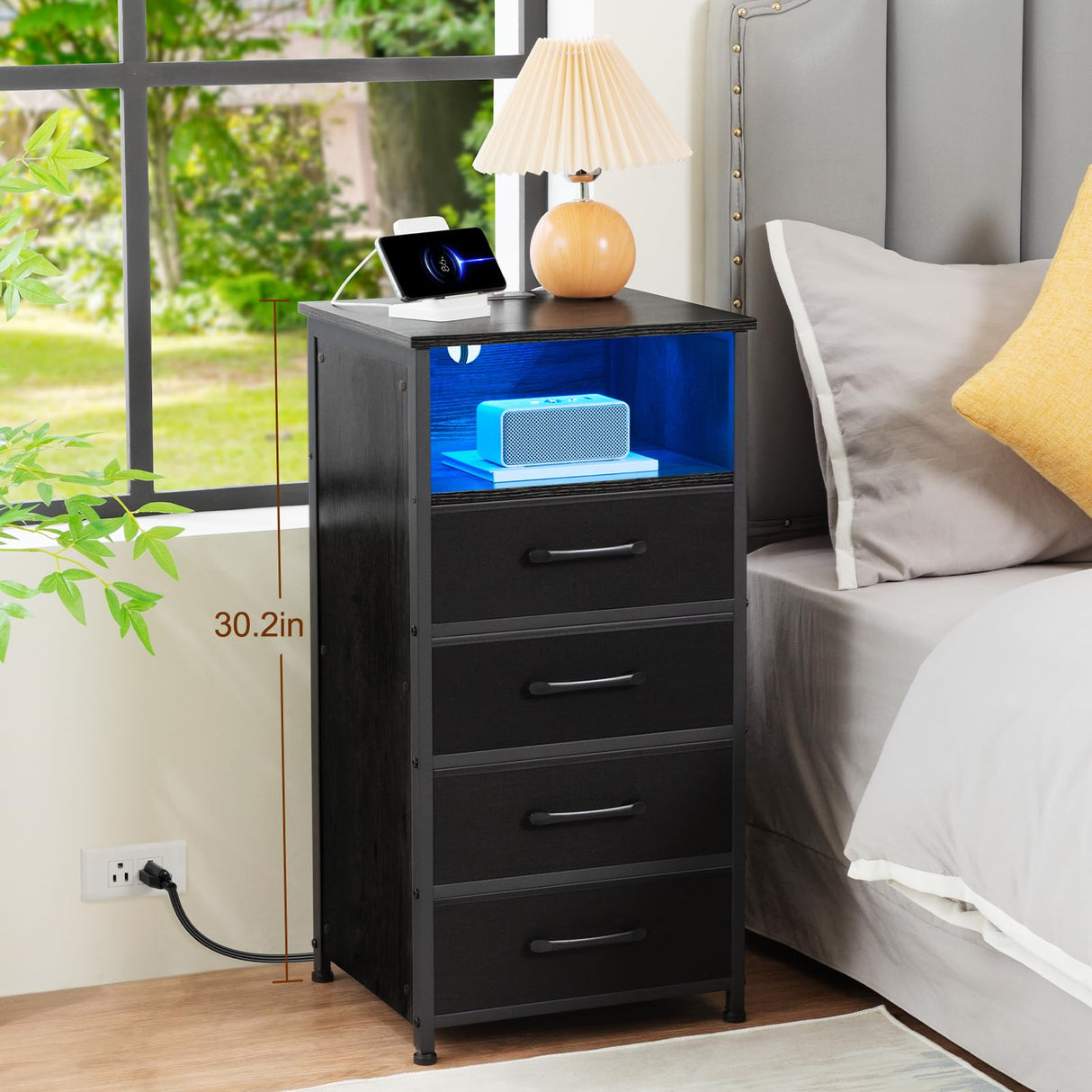 LOAKEKEL Night Stand, Tall Nightstand Set of 2 with Charging Station, Black Dresser for Bedroom with 4 Drawers, LED End Tables with USB Ports and Outlets, Bedside Table with Storage Bins, HNS034BK LOAKEKEL