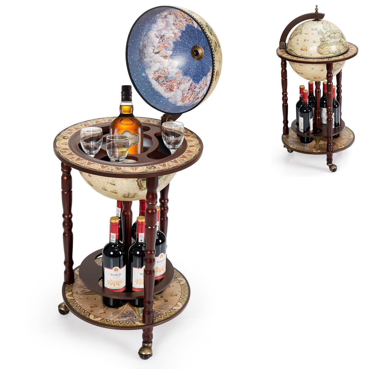 LDAILY Globe Bar, 17.5’’ Wood Antique Wine Bar Stand with Wheels, Bottom Shelf & Old World Map, 16 Century Italian Replica Globe Bar Liquor Cabinet, Large Capacity Bar Cart for Home, Restaurant, Party LDAILY