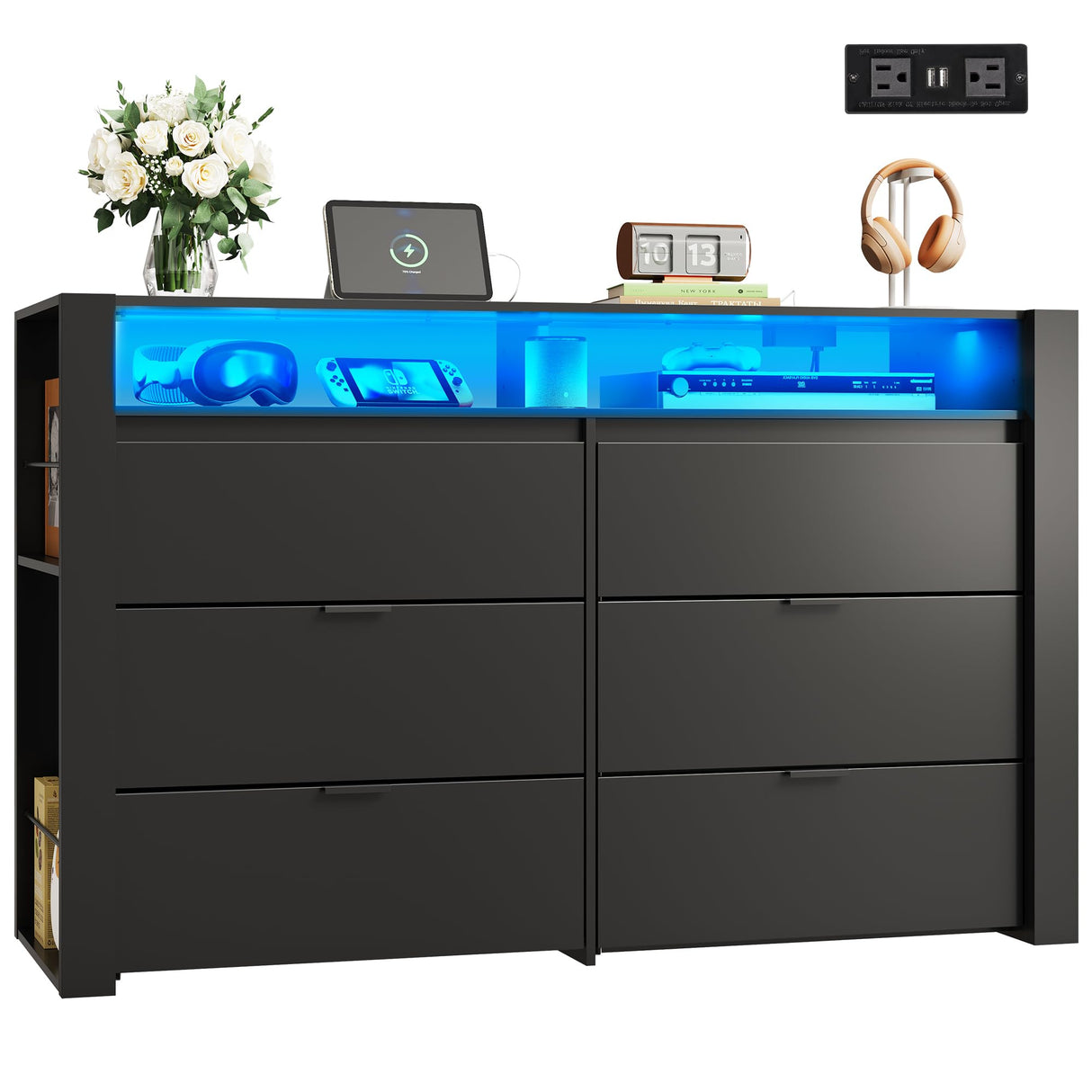 WLIVE 6 Drawer Led Dresser for Bedroom, 50.79'' Black Wood Dresser Storage Organizer with Power Outlets for 55'' TV, Dressers with Open Shelves, Hanging Rack, Chest of Drawers for Closet, Living Room WLIVE