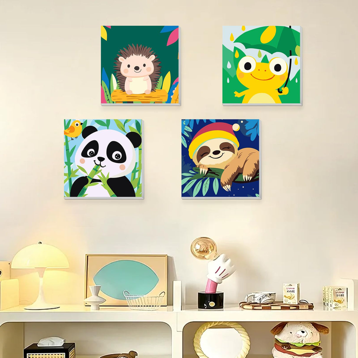 KEYIFA 4 Pack Framed Paint by Numbers Kit for Kids Age 6-12, Easy Animal Paintings for Adult Beginner, Framed Acrylic Canvas Painting for Home Decor Children Gift, 8x8 in (Sloth+Panda+Hedgehog+Frog) KEYIFA