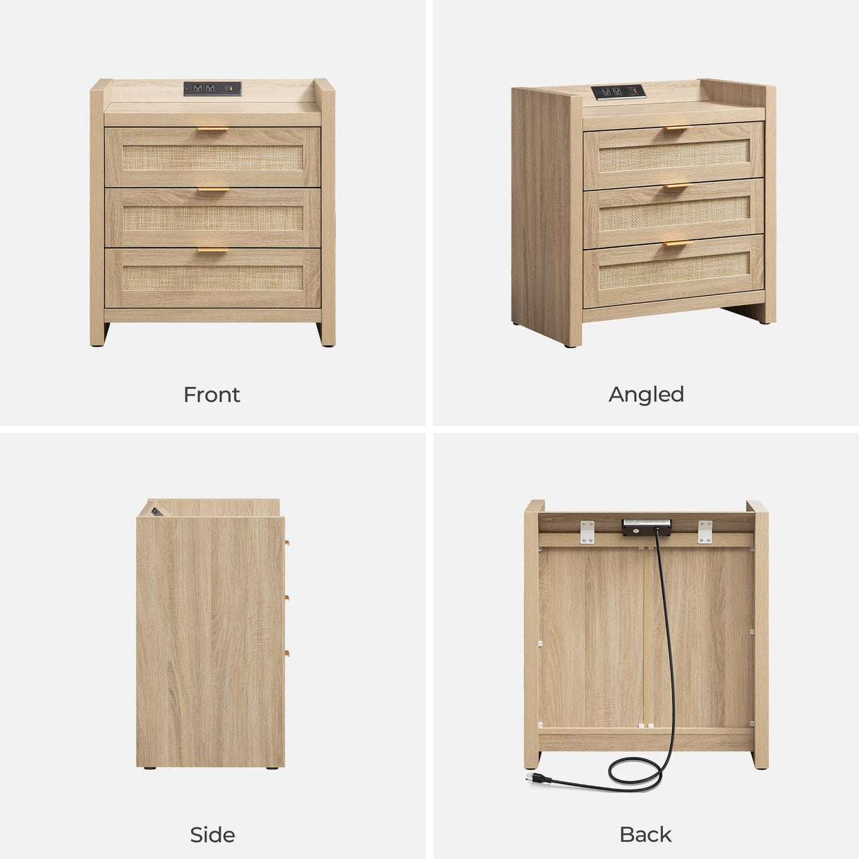 SICOTAS Rattan Nightstands Set of 2 Bedside Table - Larger Night Stand with Type-C Charging Station, 3 Drawers Storage - Boho Night Stands End Table for Bedroom - Light Oak SICOTAS