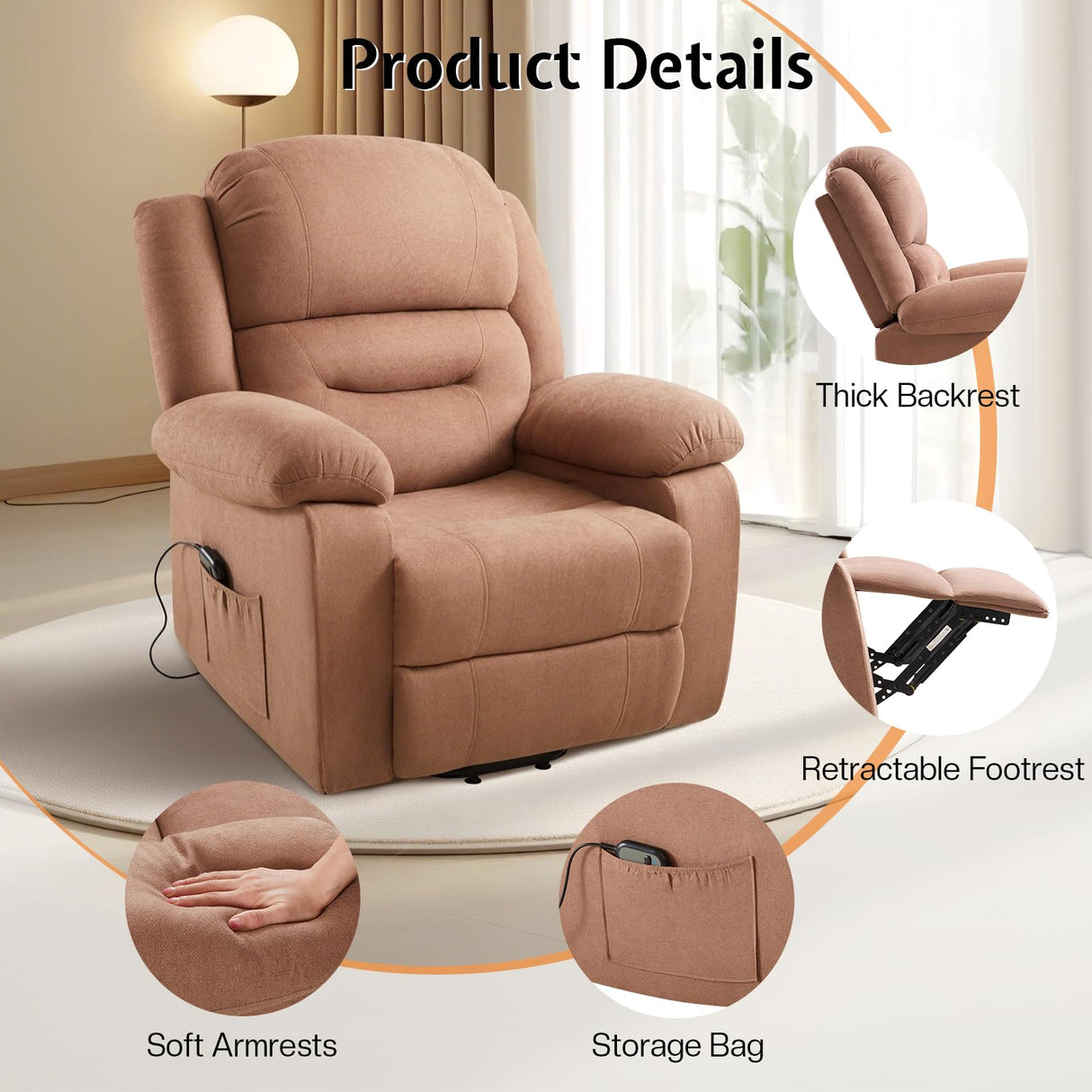 Jocisland Power Lift Recliner Chair for Elderly, Adults Electric Reclining Chairs with Remote Control, Side Pockets, Motorized Sofa for Living Room Bedroom, Infinite Position, Brown Jocisland