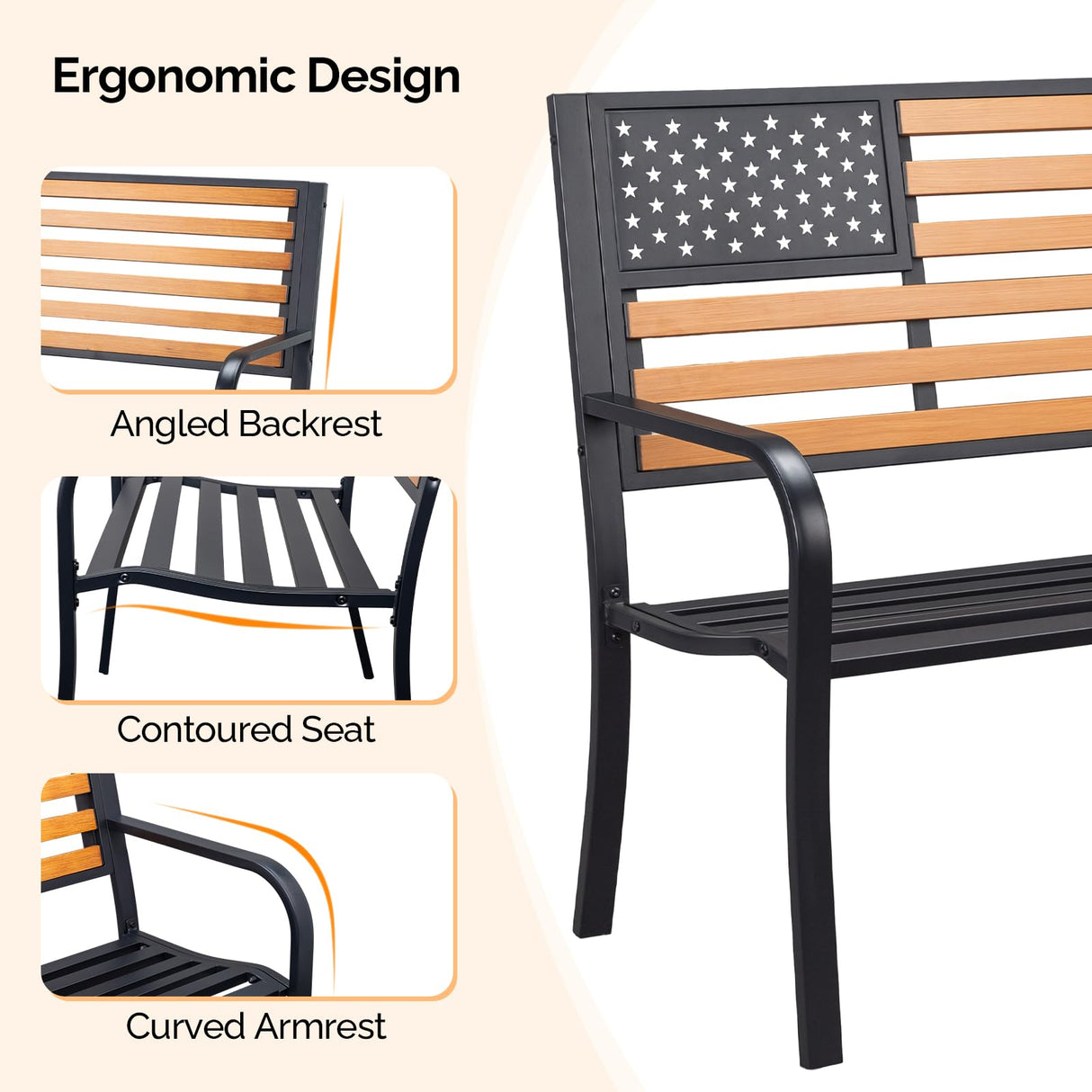 VINGLI Outdoor Metal Bench, 50in Weatherproof Garden Bench w/American Flag Style, 2-Person Sturdy Steel Patio Bench for Front Porch Yard Park VINGLI