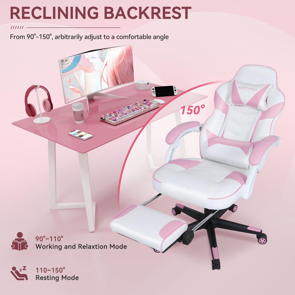 ELECWISH Pink Cute Kawaii Gaming Chair for Girl Ergonomic Desk Racing Office Adjustable High Back Game Swivel Leather Chair with Lumbar Support and Headrest, Pink ELECWISH
