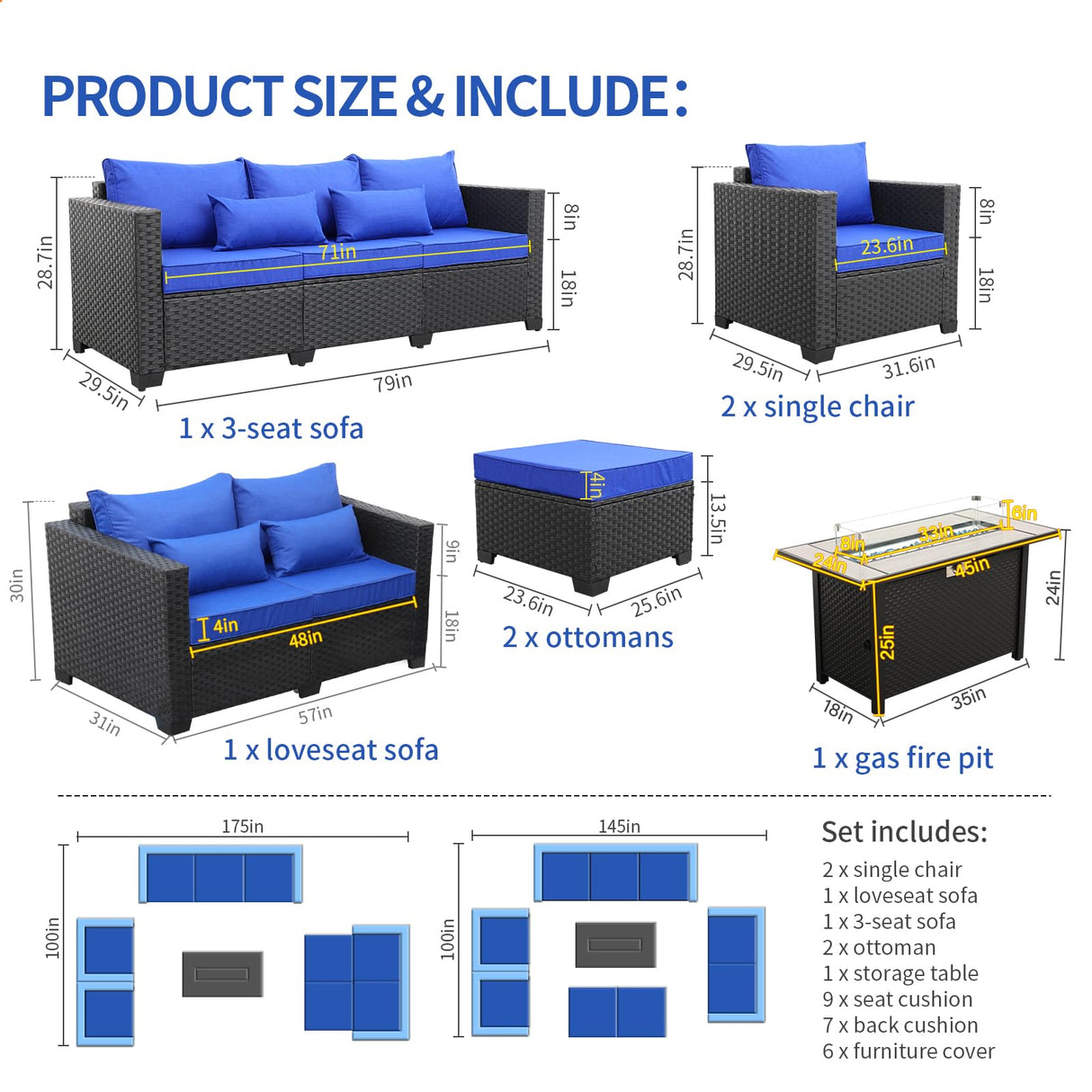 Patio Furniture Set 45-Inch Outdoor Fire Pits 7-Piece Outdoor Furniture Sets Patio Couch Outdoor Chairs 60000BTU Outdoor Propane Fire Pit Table Non-Slip Cushions and Waterproof Covers, Royal Blue Rattaner
