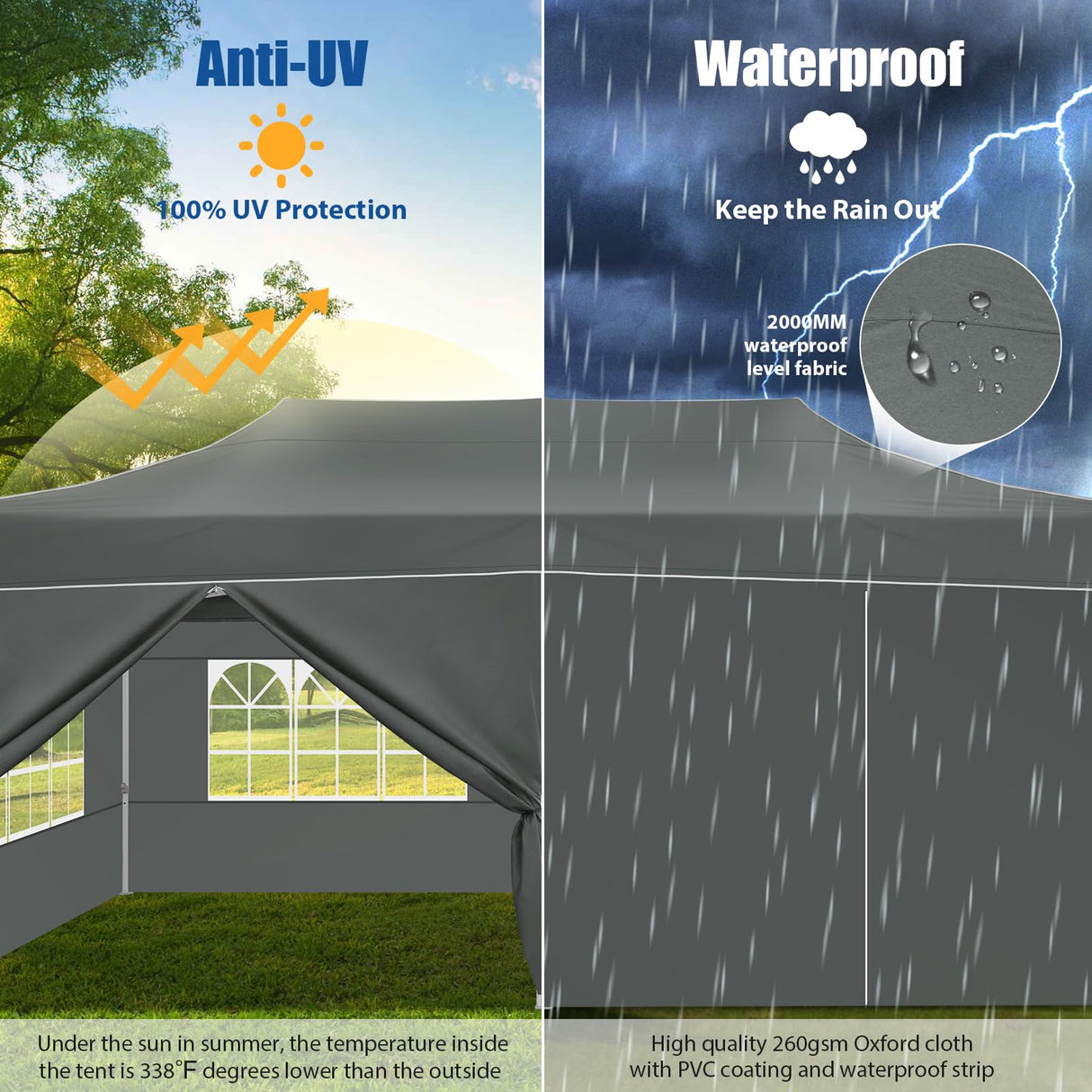 HOTEEL 10x20 Pop up Canopy Tent for Parties, Heavy Duty Easy Setup Tent with 6 Sidewalls, Outdoor Commercial Instant Gazebo for Wedding Event, with Roller Bag & Sand Bags, Grey(Hexagonal Frame) Hoteel