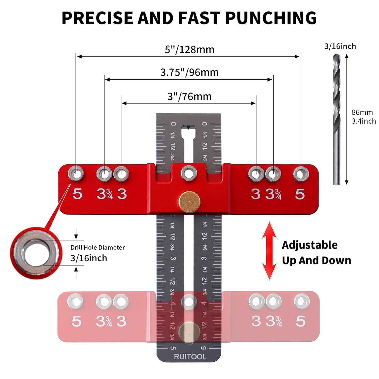 Ruitool Cabinet Hardware Jig Tool, Aluminium Alloy Cabinet Handle Install Template Tool, Adjustable Punch Locator Drill Template Guide, Cabinet Hole RUITOOL