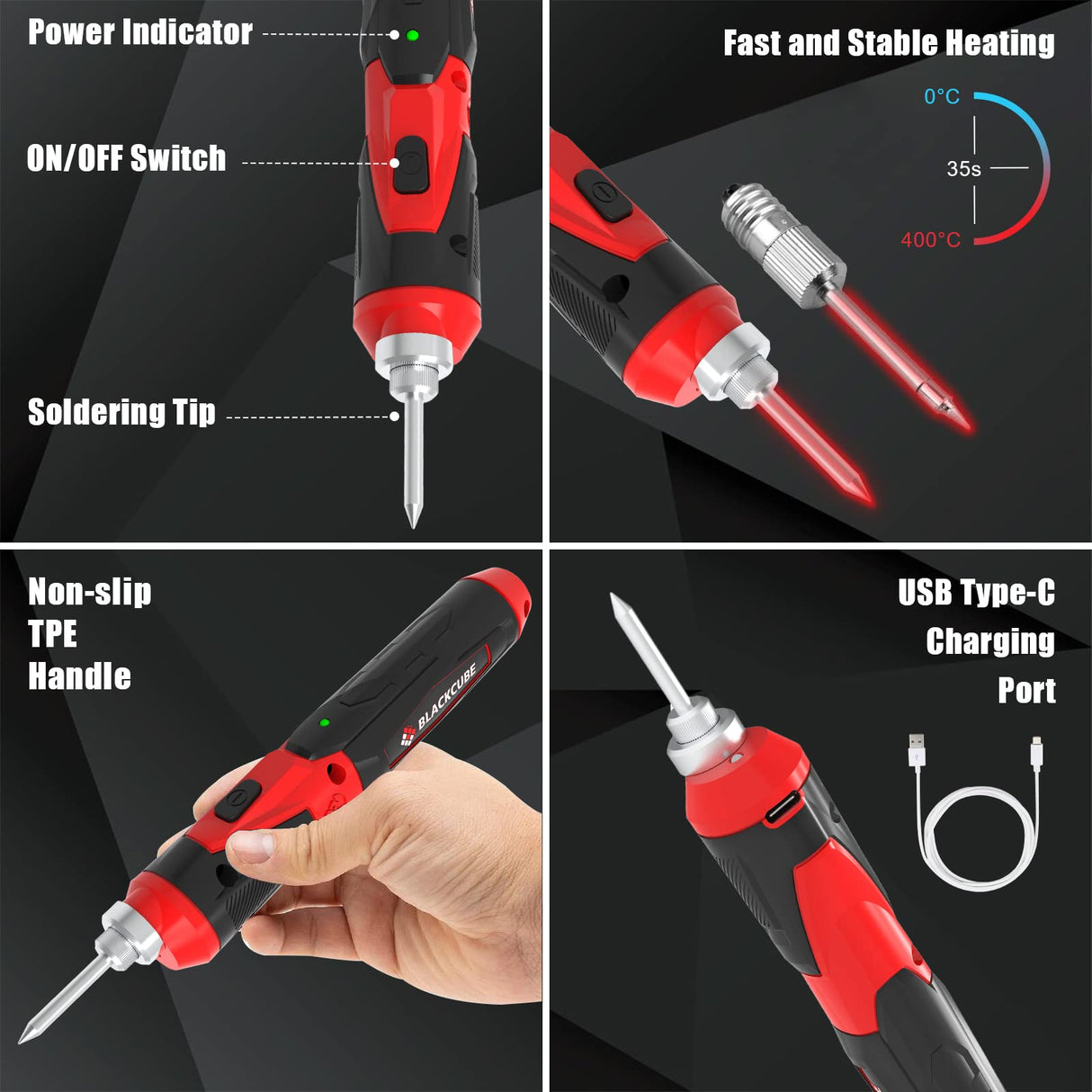 BLACKCUBE 4V Cordless Soldering Iron, Soldering Kit with 2000mAH Rapid Heat Lithium-Ion Battery and Solder Tips, LED Spotlight & Rechargeable Soldering Iron Kit, Professional Portable Welding Tool BLACKCUBE