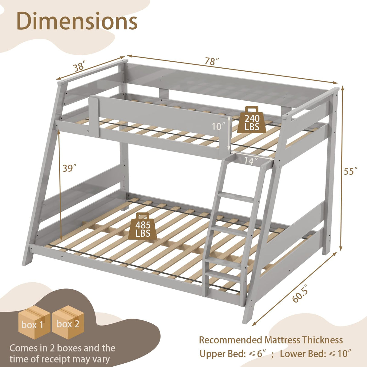 KOMFOTT Wood Twin Over Full Bunk Bed with Reversible Ladder, Wood Bunk Bed Frame with Slats Support & Safety Guardrails, Low Convertible Bunk Bed for Teens, Adults, No Box Spring Needed (Grey) KOMFOTT