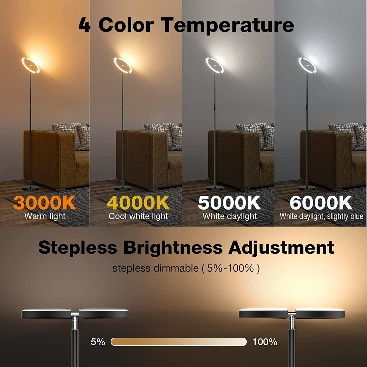 Floor Lamps for Living Room,SIBRILLE Modern Stepless Dimmable Standing Lamp 3000-6000K,22W LED Rotatable Reading Standing Light,Touch&Remote Control Uplighter Floor Lamp for Living Room Bedroom Office SIBRILLE
