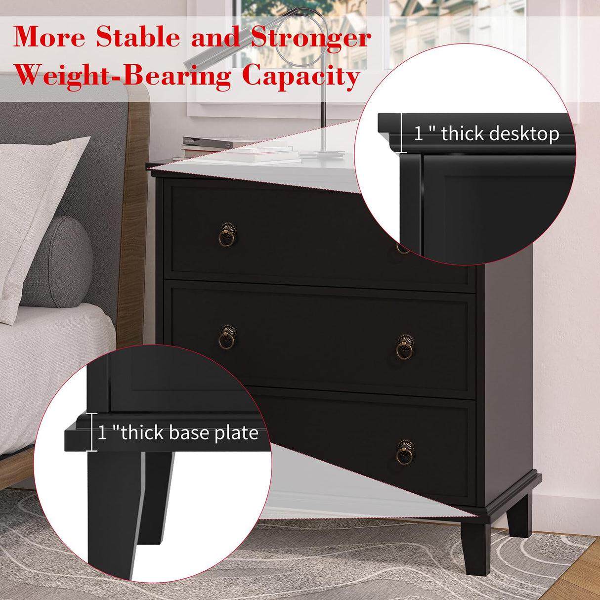 COWMOU 27.6 Inch Wide Nightstand Set of 2 with Charging Station, 3 Drawers Nightstand for Bedroom, Wooden Black Large Bedside End Table for Living Room, Bedroom, Study, Office COWMOU