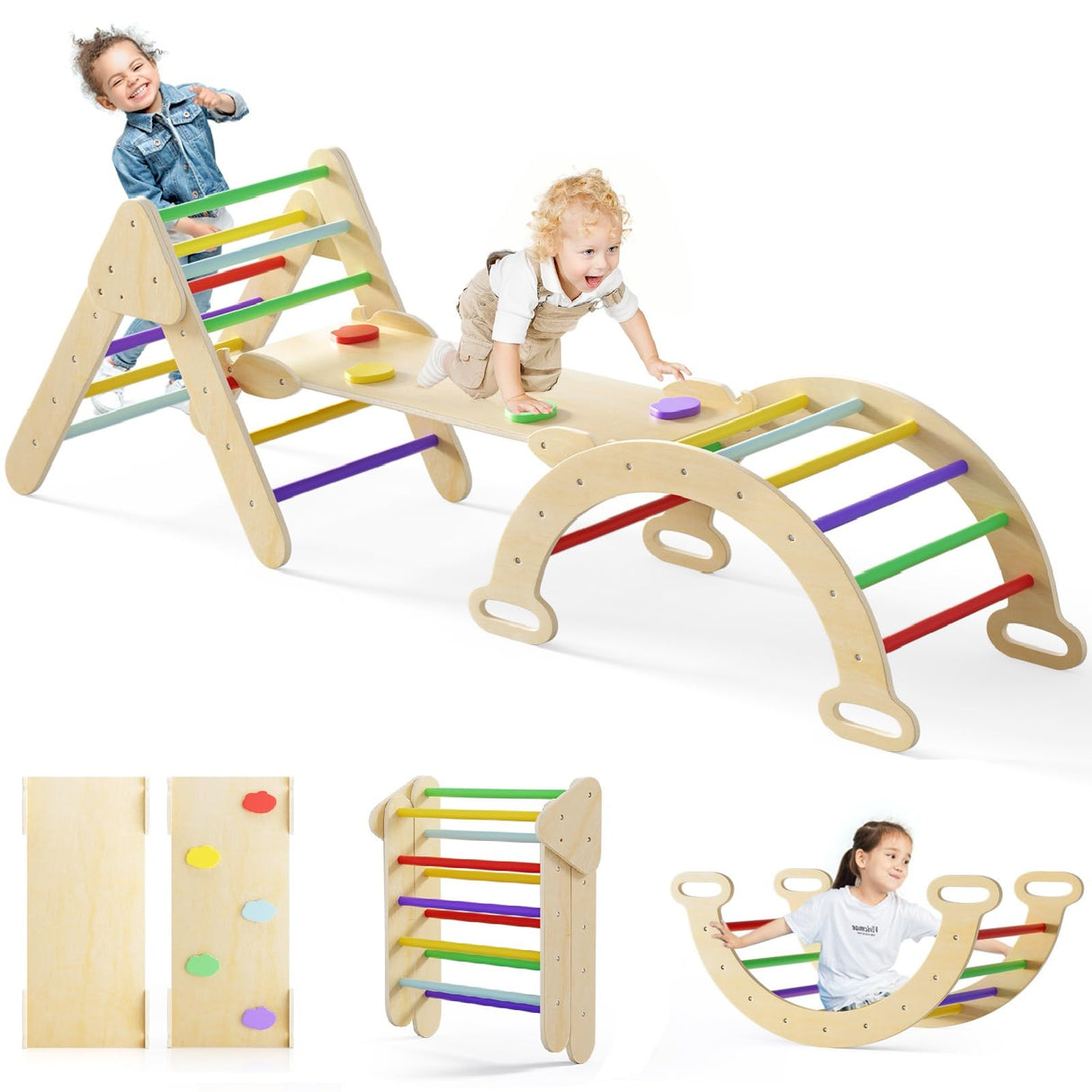 Olakids Climbing Toys for Toddlers 1-3 Inside, 5 in 1 Wood Foldable Pikler Triangle Set with Ramp Ladder Arch Slide, Baby Indoor Playground Jungle Gym Montessori Climbing Set for Kids Olakids