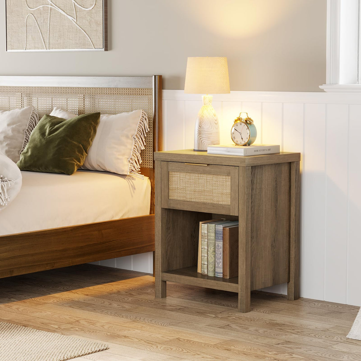 Eclatara Rattan Nightstand Set 2: Boho End Table with Drawer and Storage Shelf, Farmhouse Cane Accent Bedside Night Stands for Bedroom Small Space Sofa (2, Caramel Oak) Eclatara