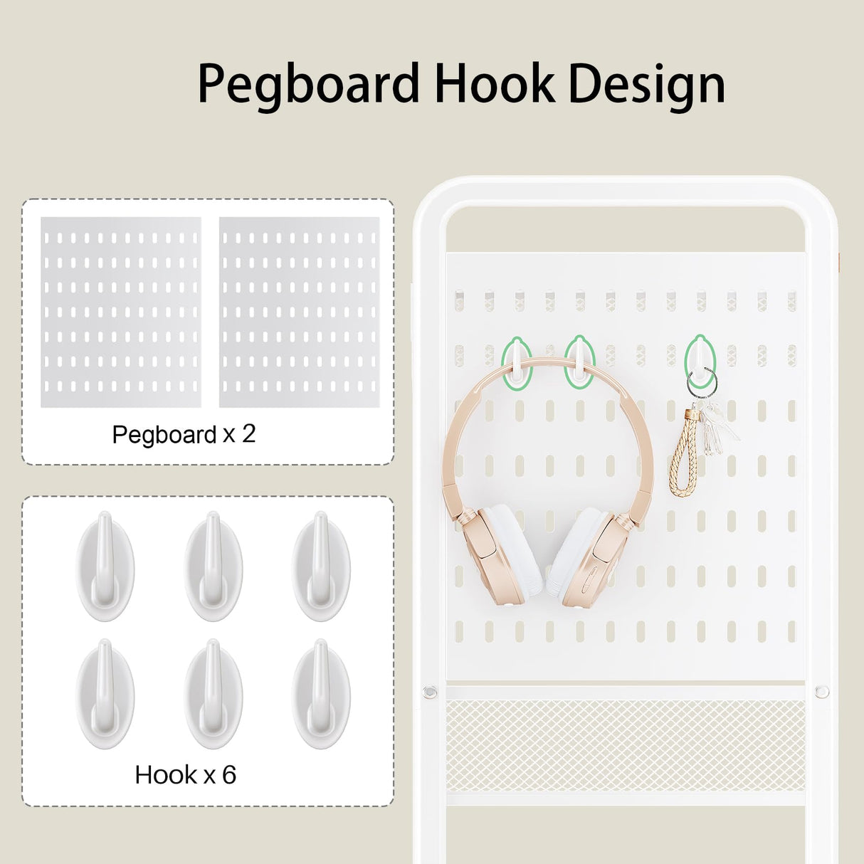 3-Tier Rolling Utility Cart with Wheels - Metal Cart with Wood Tabletop, Slide Drawer and Pegboards & Hooks, Versatile Storage Organizer Cart for Home Office Kitchen, White SNTD