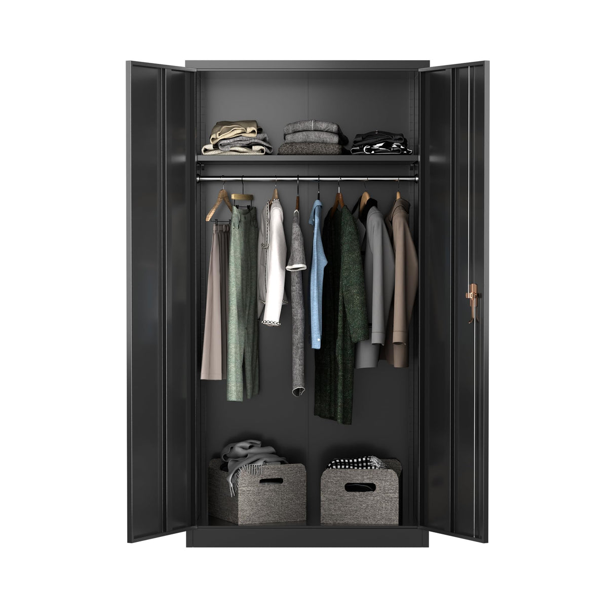 Aobabo Large Metal Wardrobe Style Storage Cabinet with Adjustable Shelf, Cloth Rail, and Lockable Doors for Home Organization, Black Aobabo
