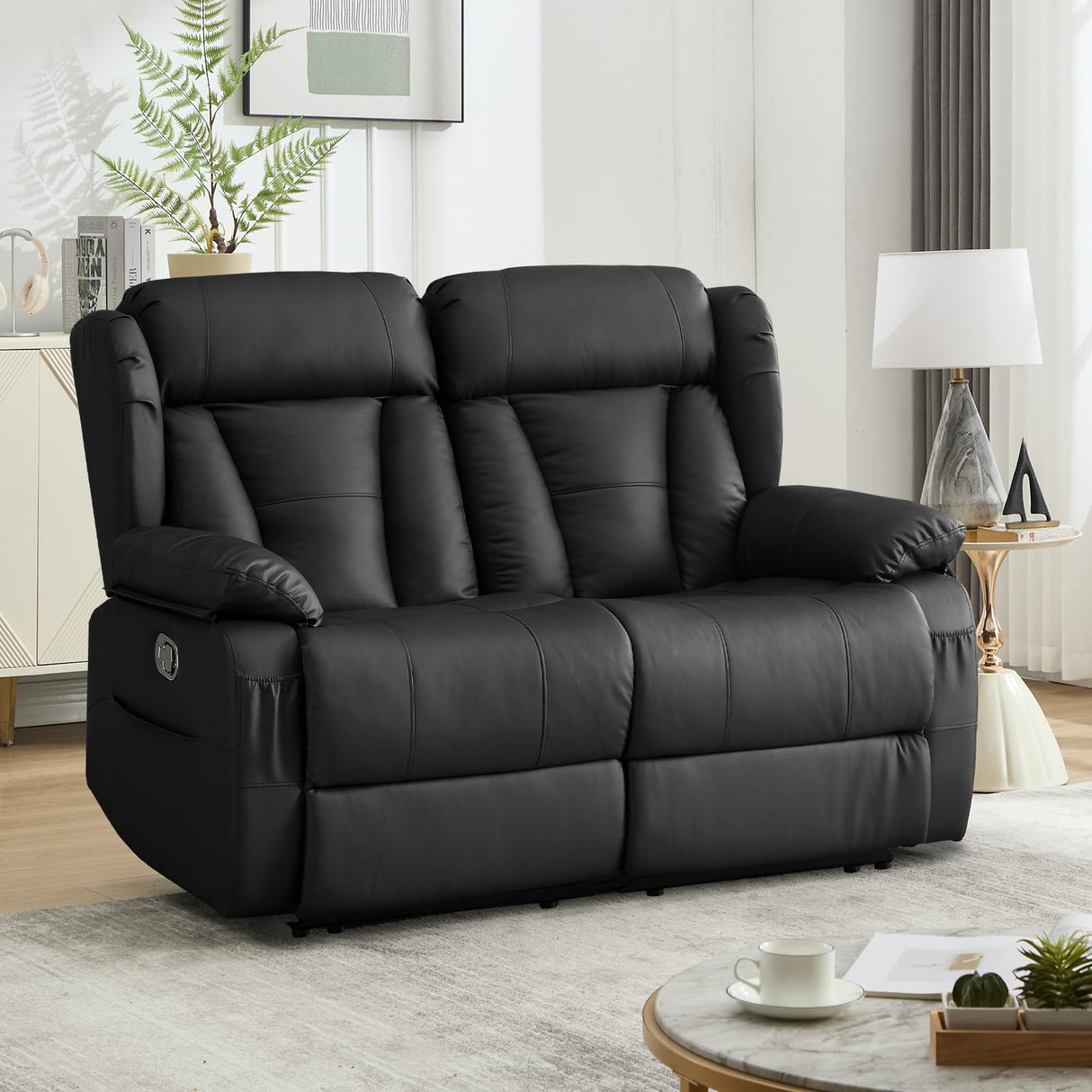 WISHDEER 58.3" Reclining Loveseat Sofa, RV Loveseat Recliner Couch - Home Theater Seating with Side Pockets for Living Room, Manual RV Recliners for Travel Trailers (Black, Loveseat) WISHDEER