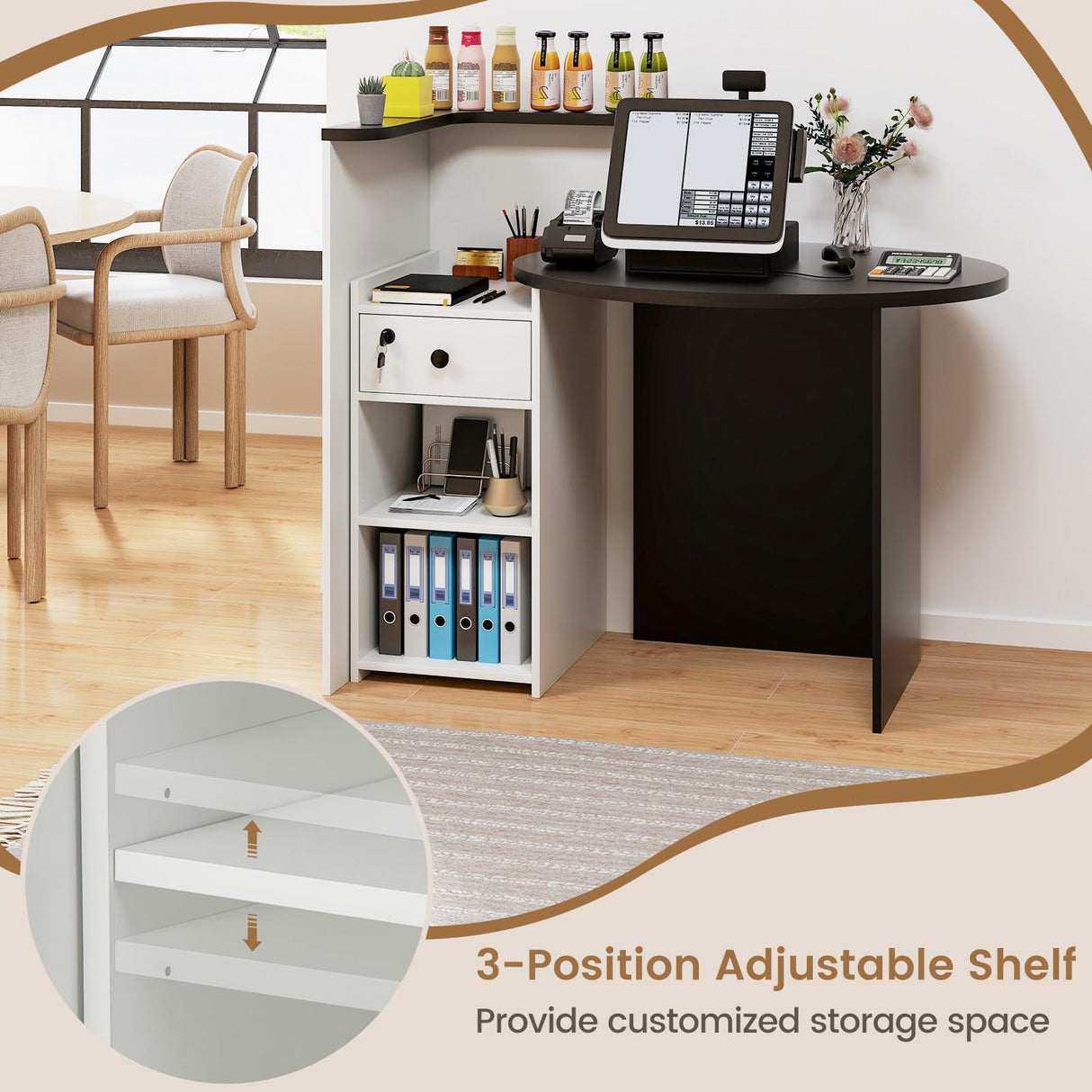 SILKYDRY Reception Desk, Small Retail Checkout Counter with Lockable Drawer and Open Shelves, Wooden Computer Workstation for Home Office Lobby, White Oval Desktop & Black Counter SILKYDRY